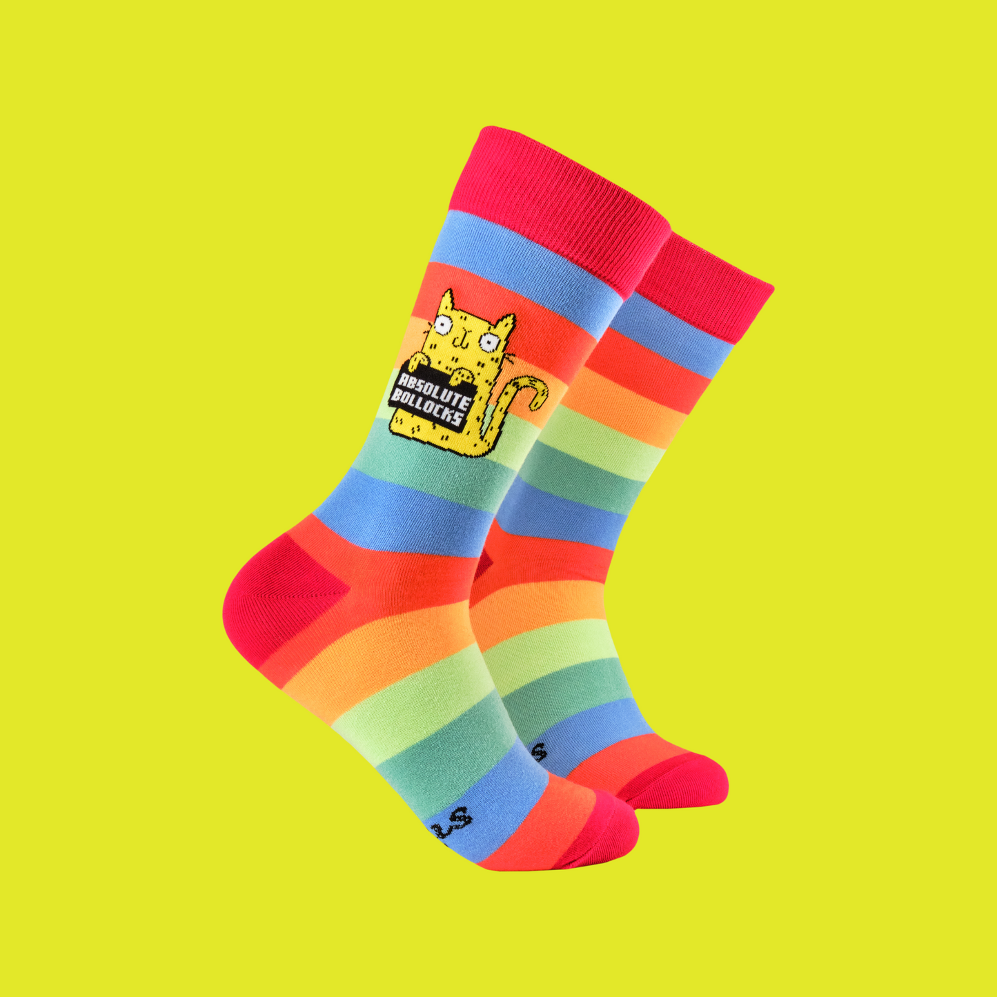 A pair of socks depicting a cute cat holding a sweary sign. Rainbow striped legs. 