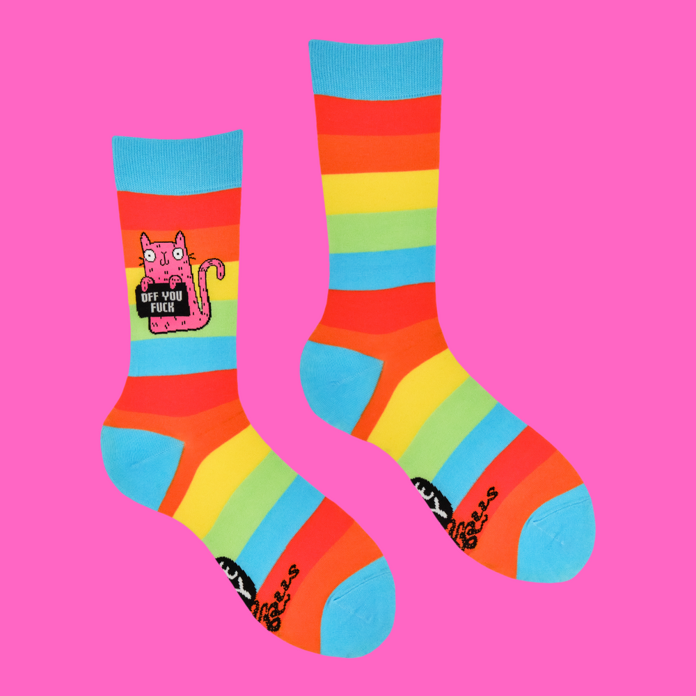 
                      
                        A pair of socks featuring a cute cat holding a sweary sign. Rainbow legs. 
                      
                    