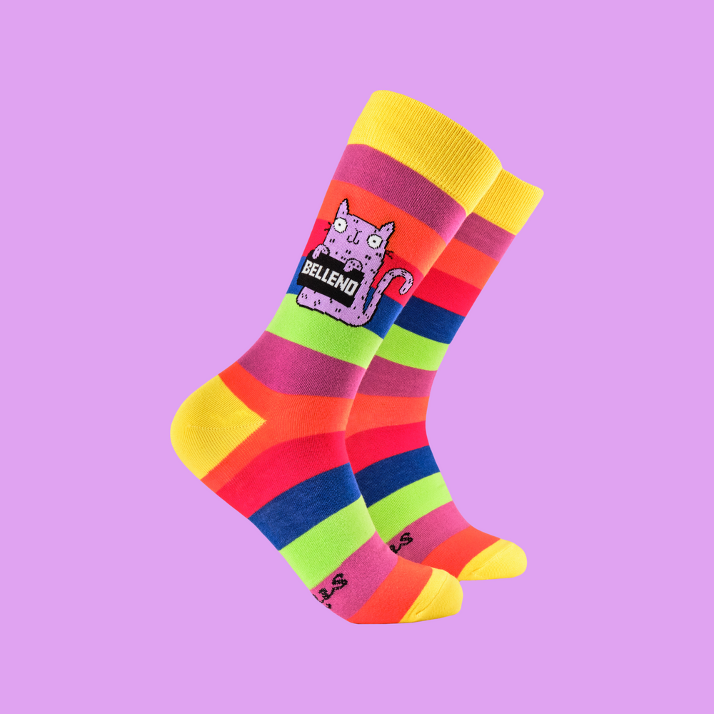 
                      
                        A pair of socks designed by artist Katy Abey,  featuring a cat holding a sign that says Bellend. 
                      
                    