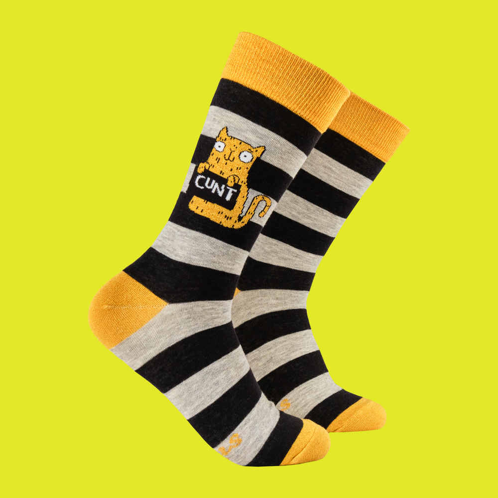 A pair of socks featuring a cute cat holding a sweary sign. Black and grey striped legs. Yellow heel, cuff and toe. 