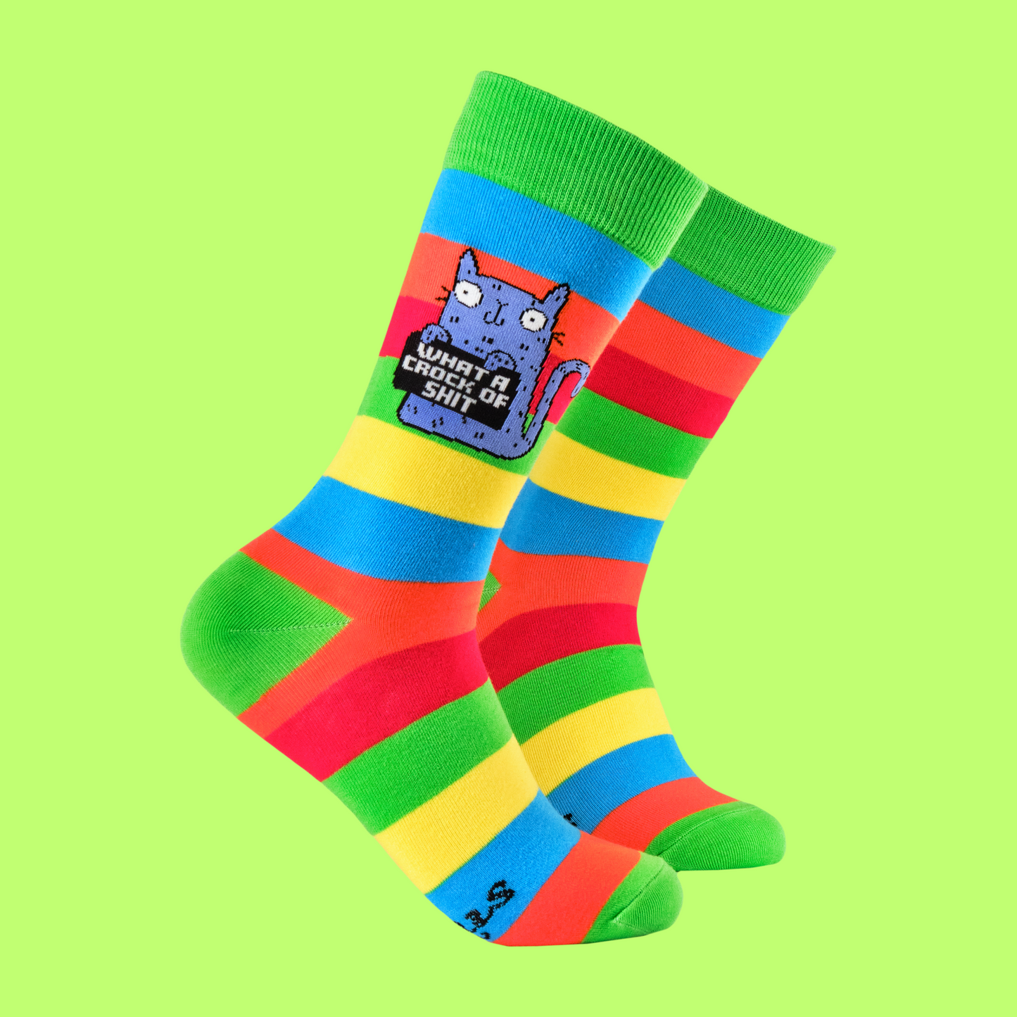 A pair of socks featuring a cute cat holding a sweary sign. Multicolored striped legs. 