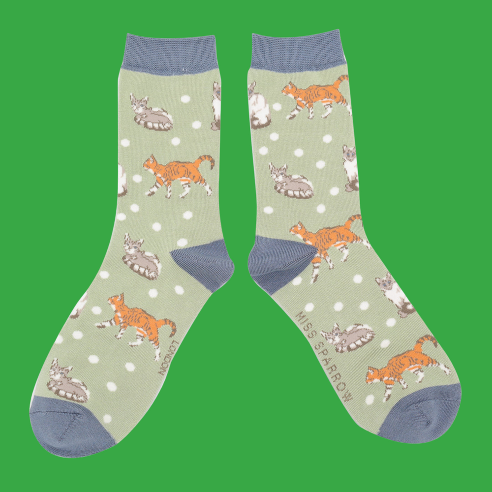 
                      
                        A pair of socks with a cat motif and spots pattern. Light green legs, blue heel, toe and cuff. 
                      
                    