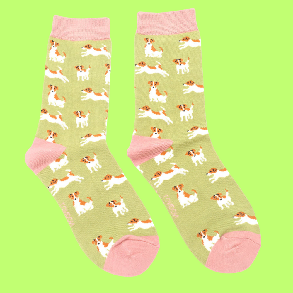 
                      
                        A pair of socks featuring a jack russell motif. Yellow legs, pink heel, toe and cuff. 
                      
                    