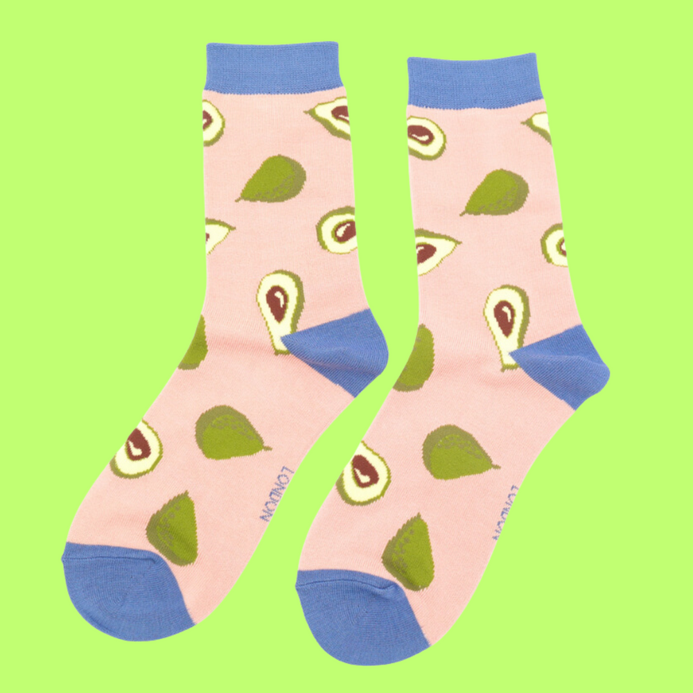 
                  
                    A pair of socks depicting avocados. Pink legs, blue heel, cuff and toe.
                  
                