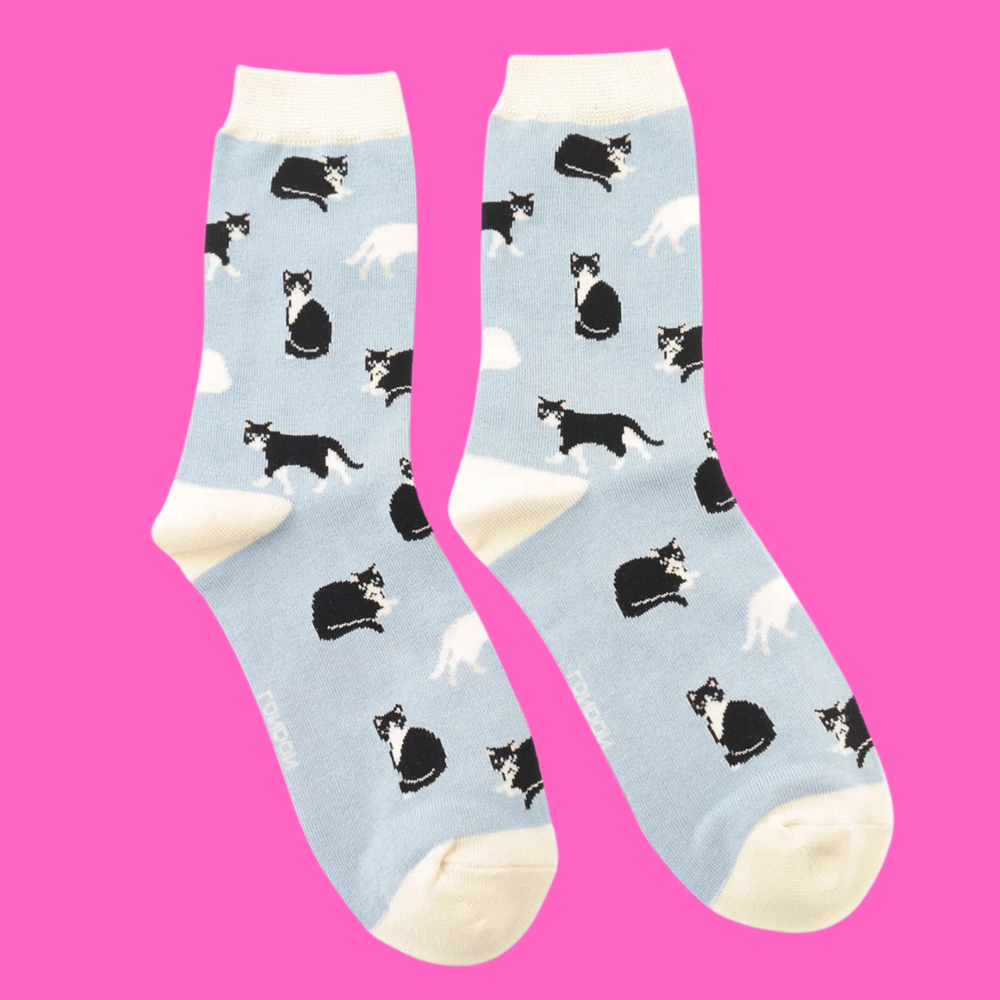 
                      
                        A pair of socks featuring black and white cats. Light blue legs, white heel, toe and cuff. 
                      
                    