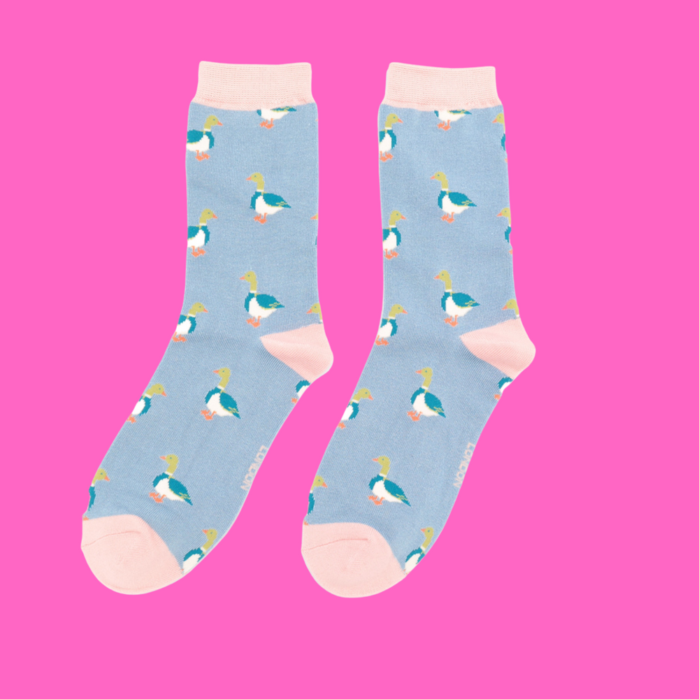 
                  
                    A pair of socks with a pattern of ducks. Light blue legs, pink cuff, toe and heel.
                  
                