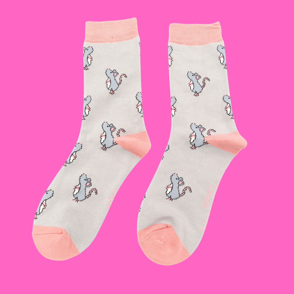 A pair of socks with a cute mouse pattern. Grey legs, pink heel, toe and cuff.