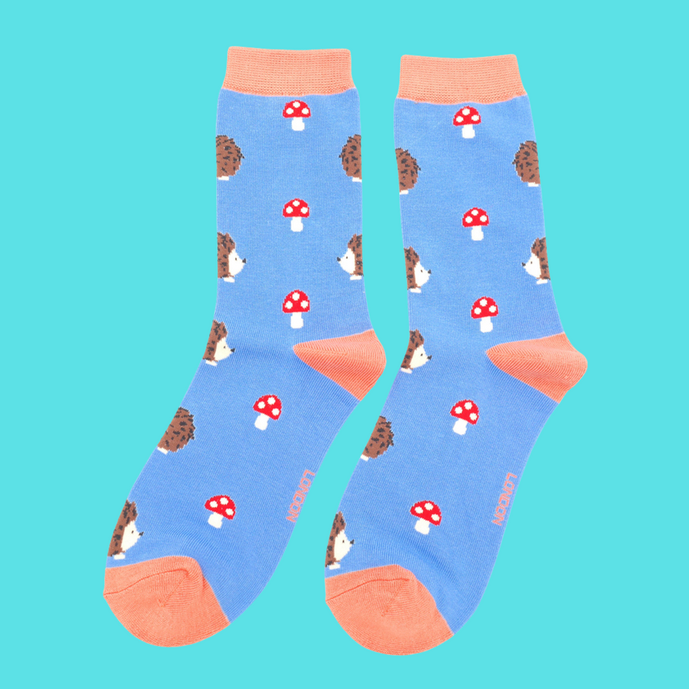 
                      
                        A pair of socks depicting hedgehogs and toadstools. Blue legs, pink heel, toe and cuff.
                      
                    