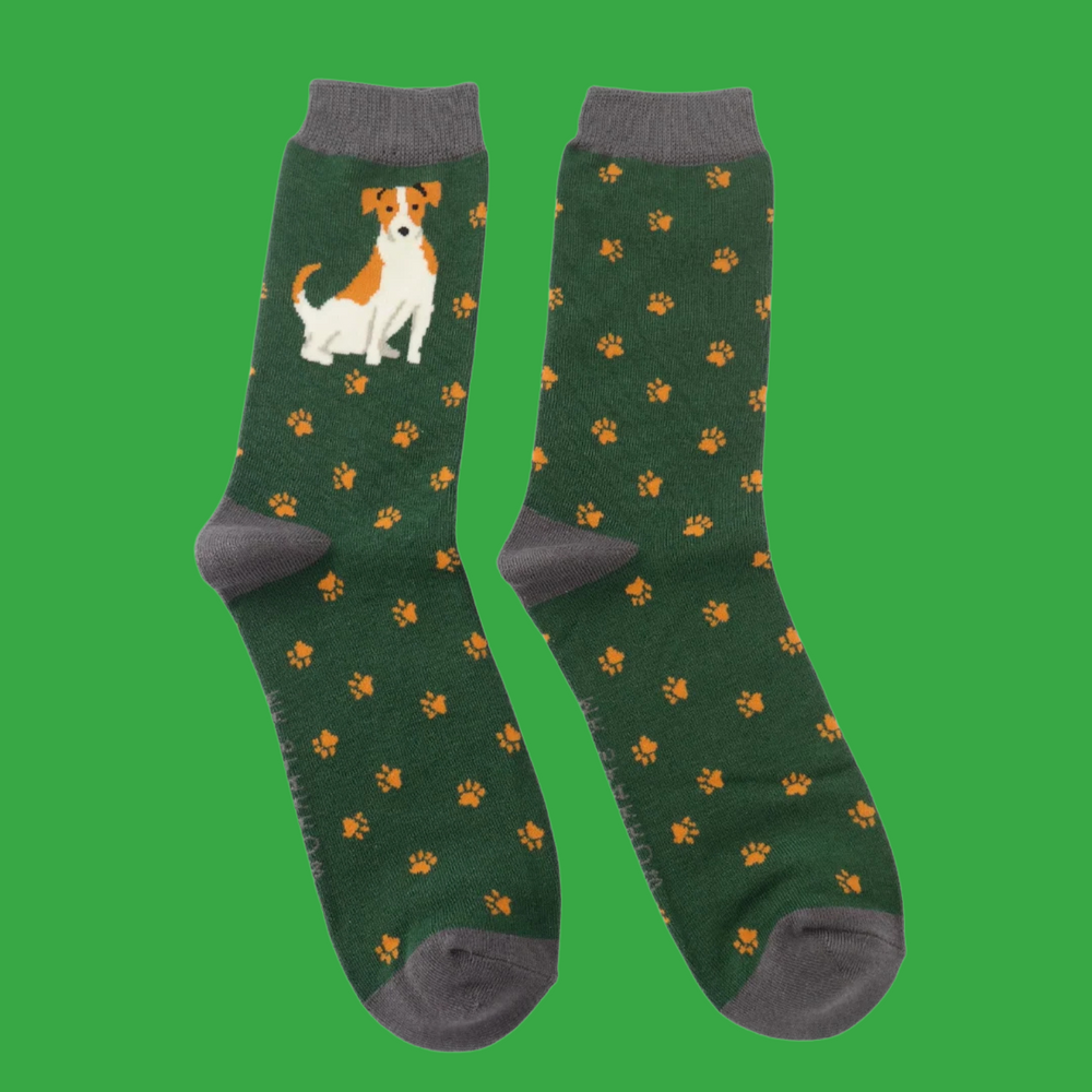 
                      
                        A pair of socks featuring a cute jack russell. Dark green legs, grey heel, toe and cuff. 
                      
                    