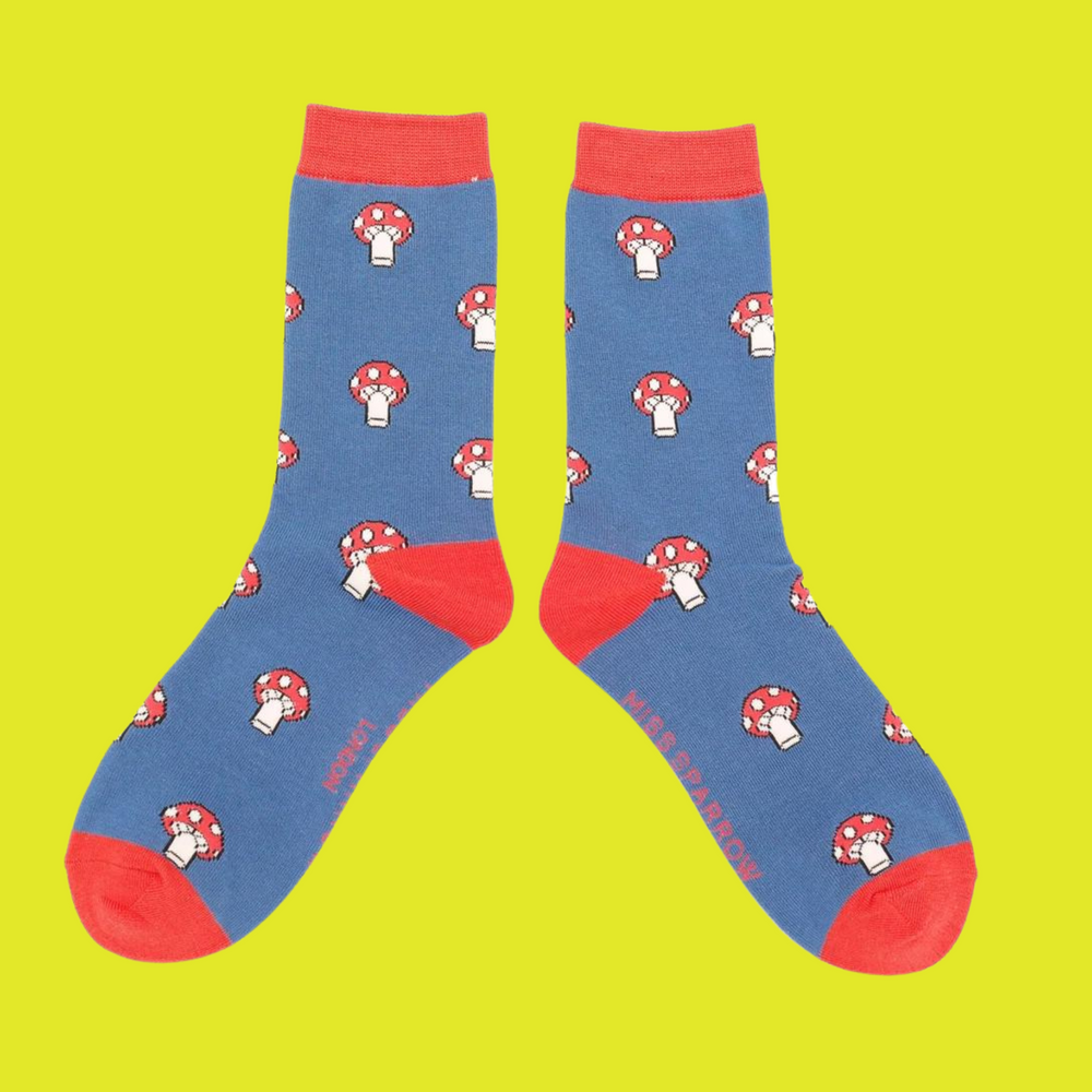 
                      
                        A pair of socks with a mushroom pattern. Blue legs, red cuff, heel and toe.
                      
                    