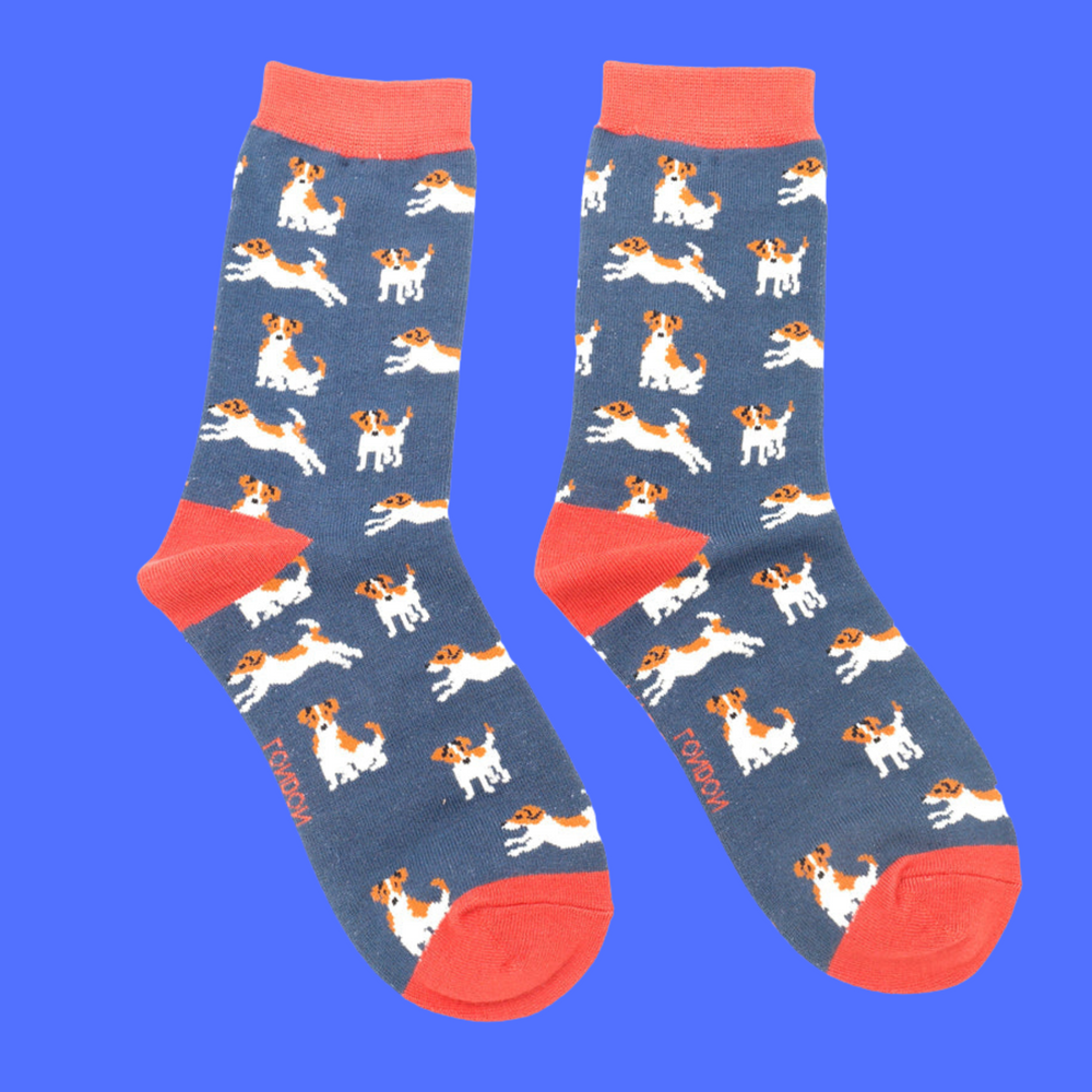 
                      
                        A pair of socks featuring a jack russell motif. Dark blue legs, orange heel, toe and cuff. 
                      
                    