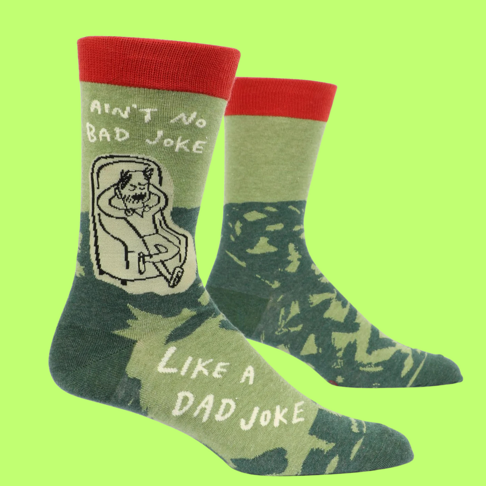 Ain't No Bad Joke Like a Dad Joke Socks. A pair of socks with a dad joke motif. Green legs, heel and toe. Red cuffs. 