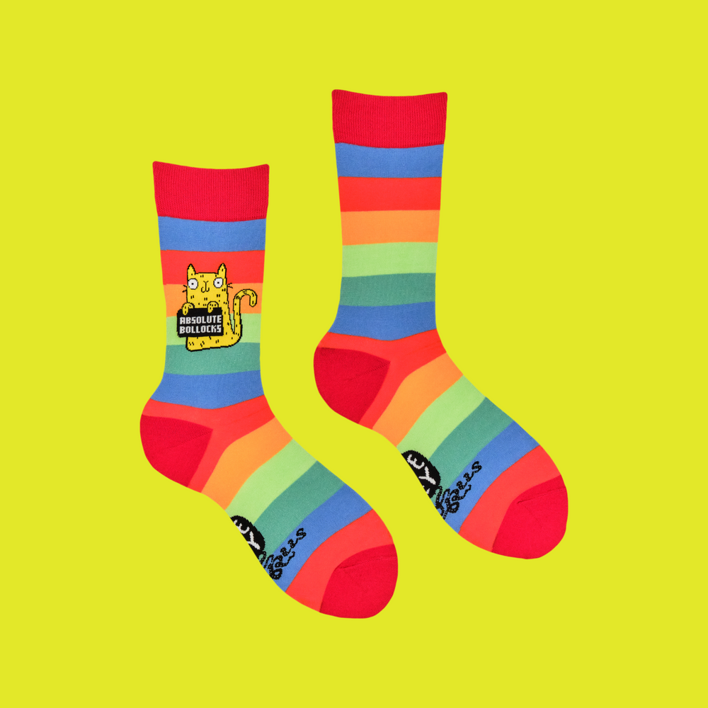 
                      
                        A pair of socks depicting a cute cat holding a sweary sign. Rainbow striped legs. 
                      
                    