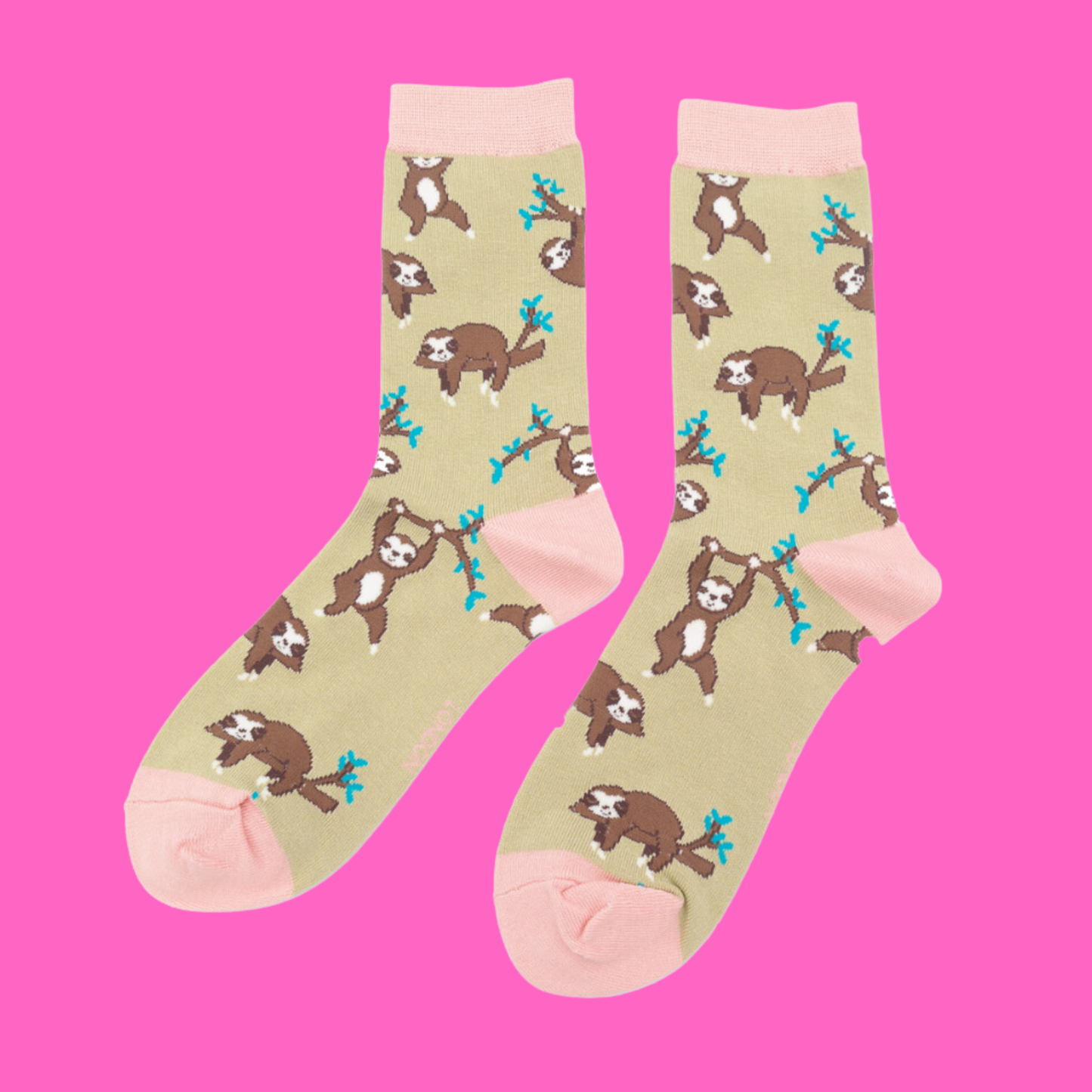 
                  
                    A pair of socks depicting sloths having fun. Light brown legs, pink cuff, toe and heel.
                  
                