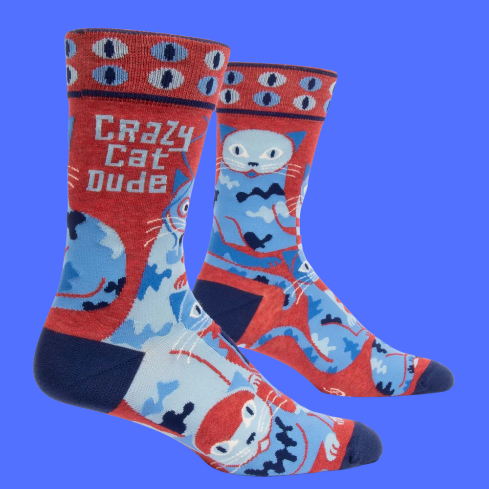 
                      
                        A pair of socks depicting a crazy sock dude. Red legs, blue, heel, toe and cuff. 
                      
                    