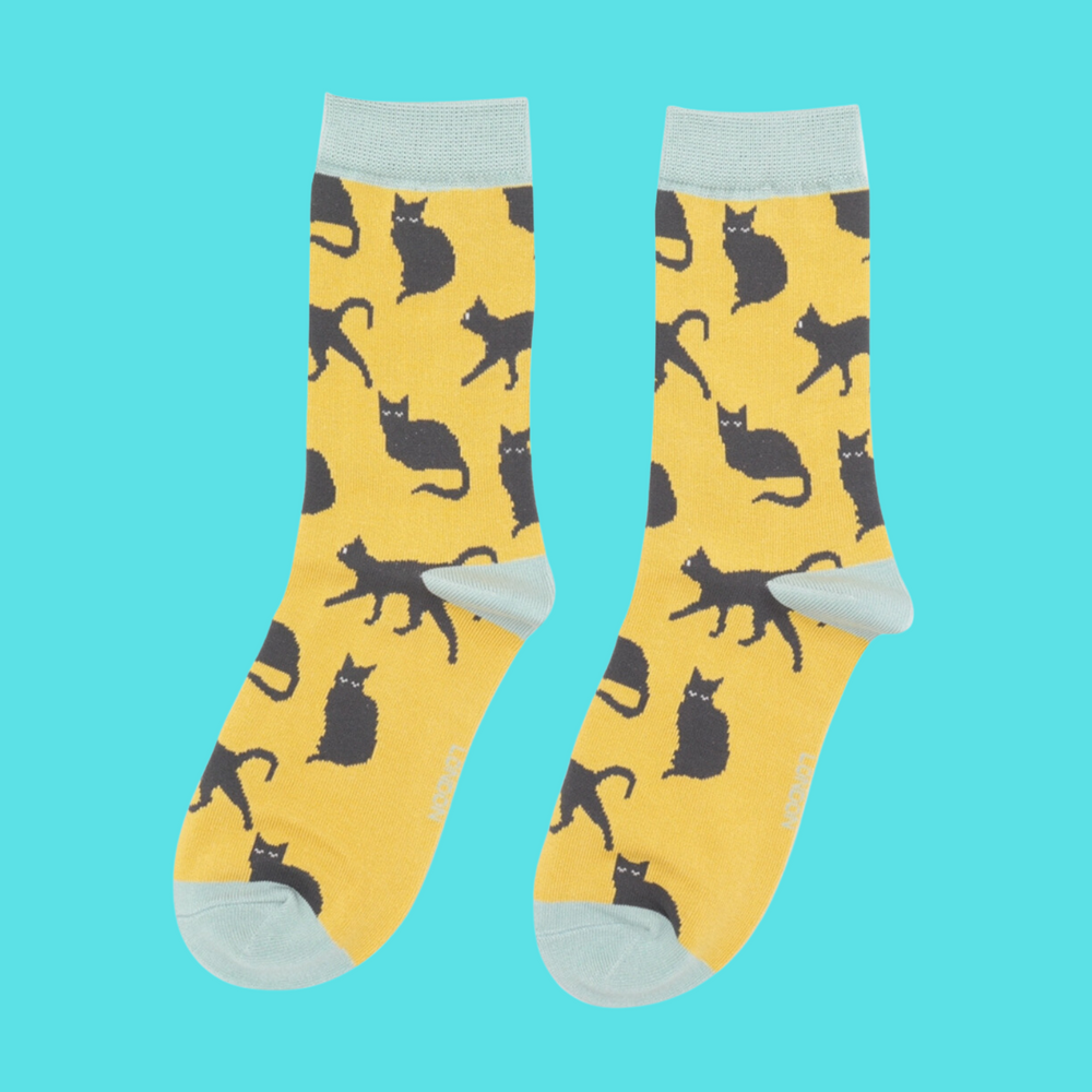 
                  
                    A pair of socks depicting cute black cats. Yellow legs, blue toe, cuff and heel.
                  
                