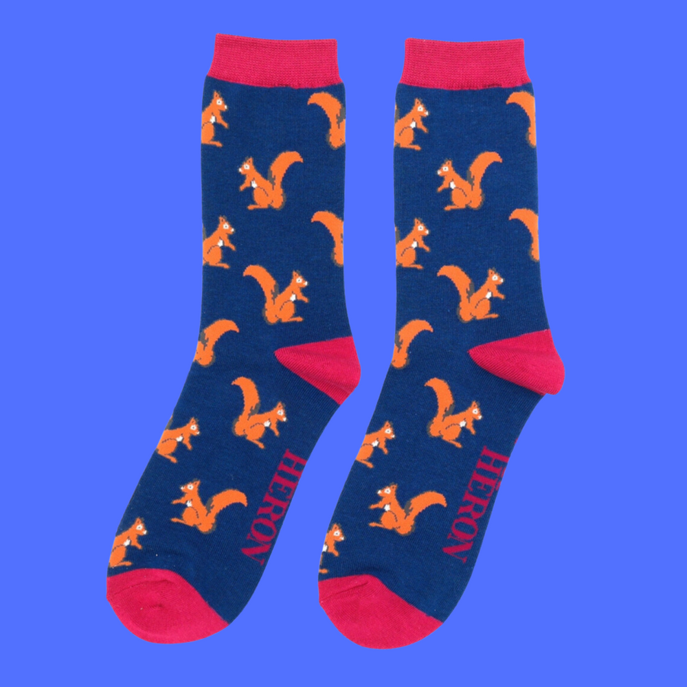 
                  
                    A pair of socks with a squirrel motif. Blue legs, pink cuff, heel and toe.
                  
                