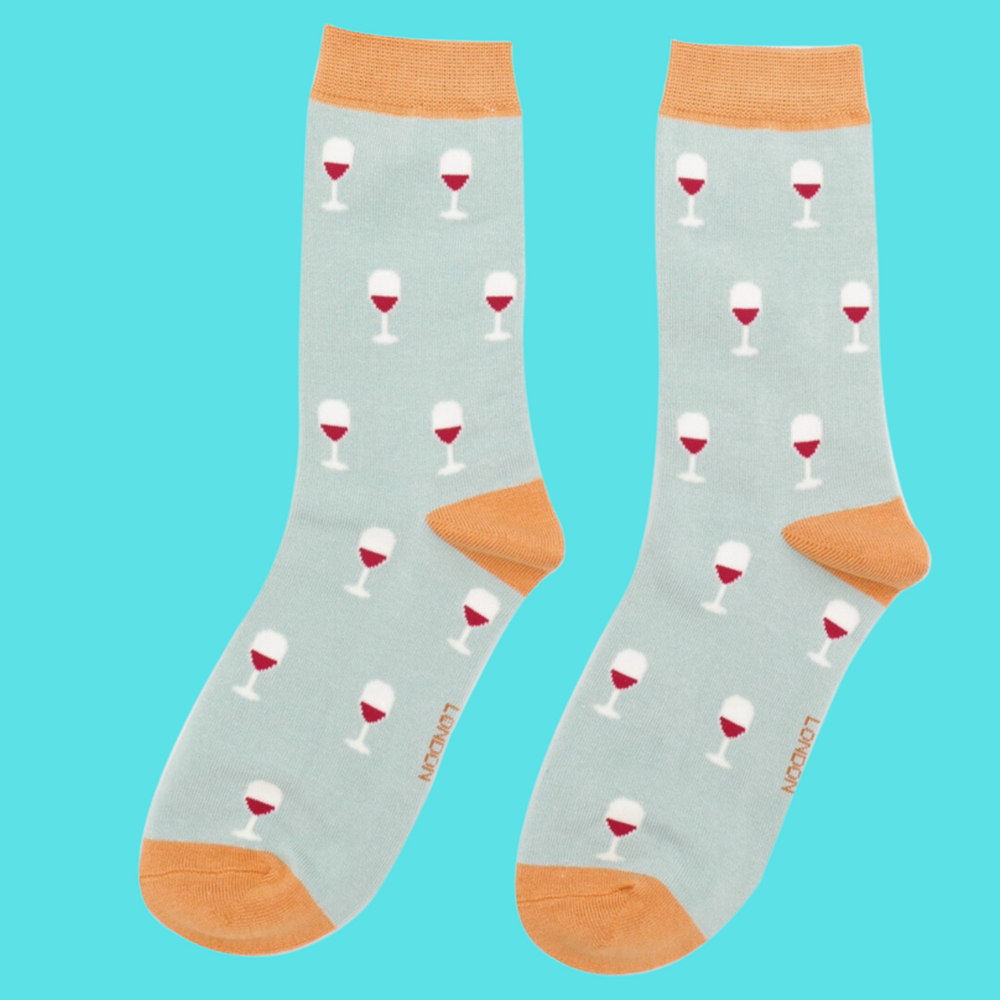 
                      
                        A pair of socks with glasses of red wine. Light blue legs, orange cuff, heel and toe.
                      
                    