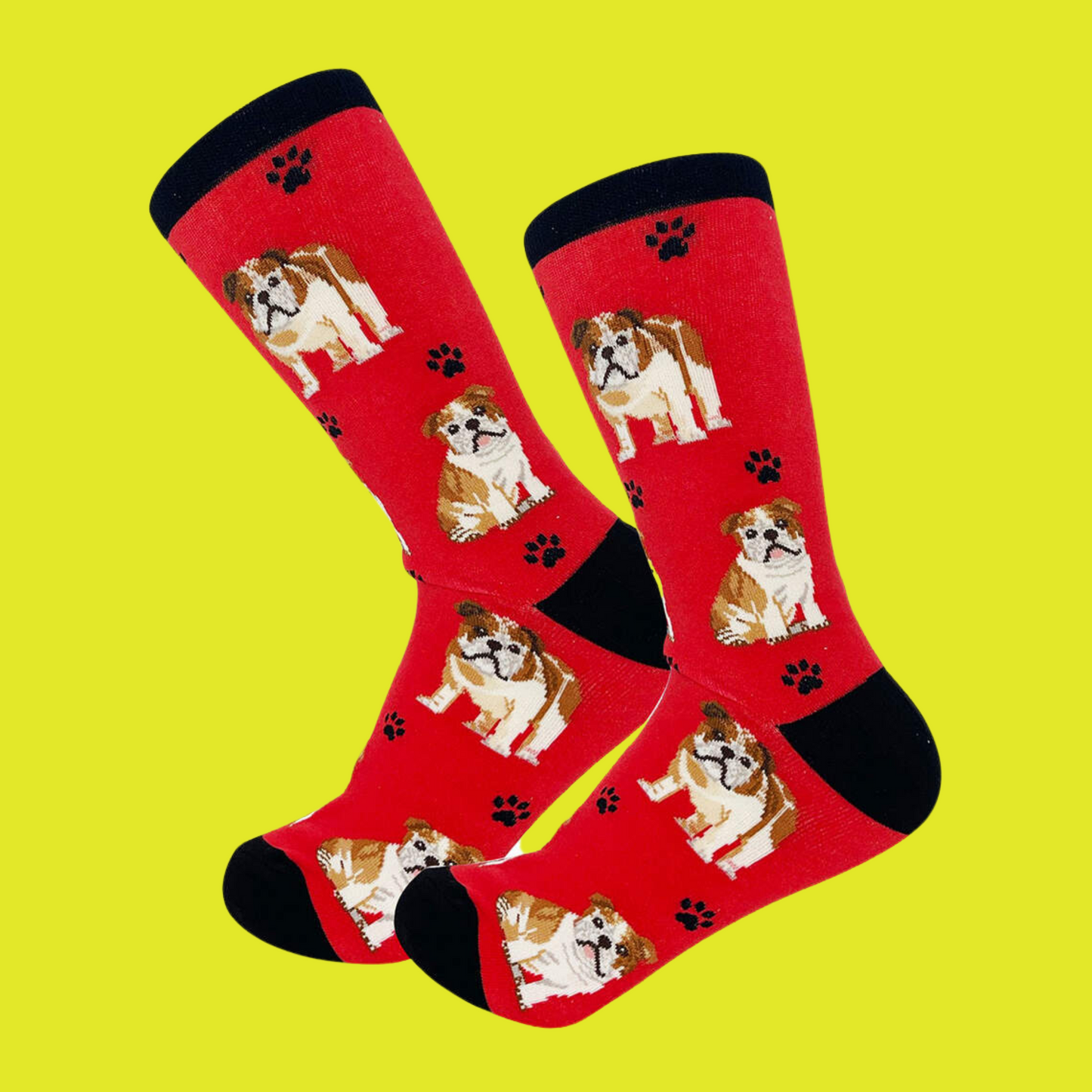 A pair of socks depicting bulldogs. Red legs, black heel, toe and cuff.