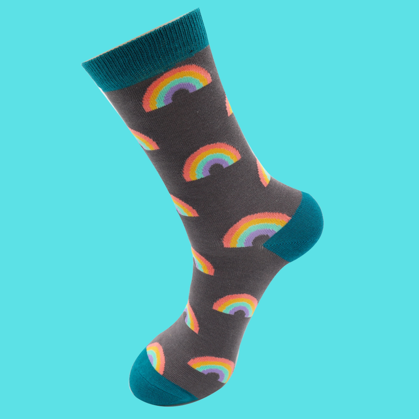 
                  
                    A pair of socks with a rainbow pattern. Grey blue legs, teal cuff, toe and heel.
                  
                