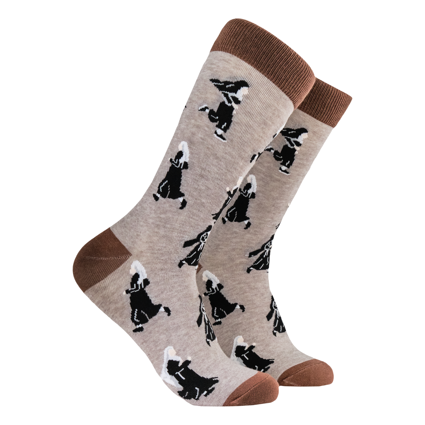 Nuns on the Run Socks. A pair of socks featuring running nuns. Light brown legs, dark brown heel, toe and cuff. 