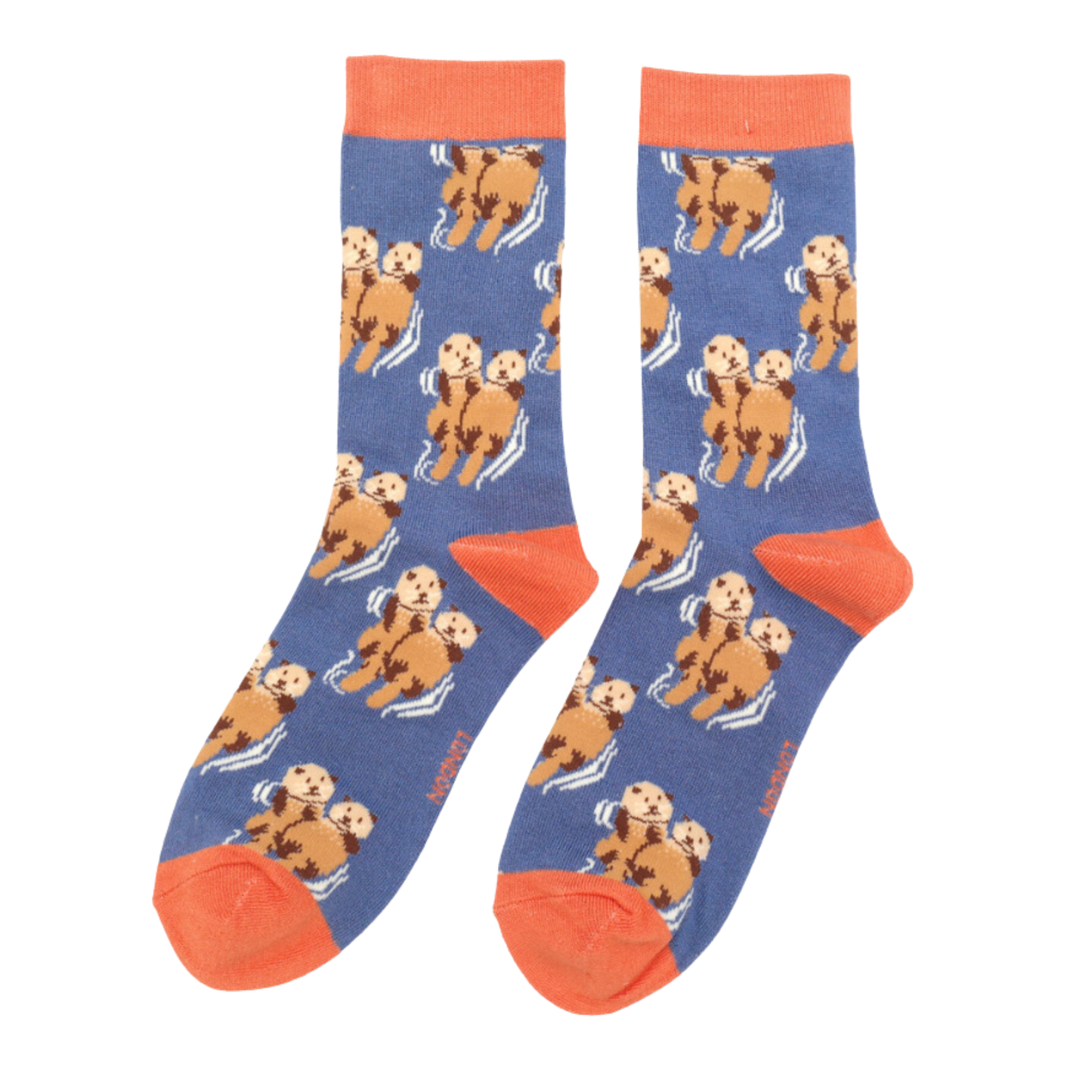 Otters Bamboo Socks - Miss Sparrow. A pair of socks depicting otters holding hands. Blue legs, orange heel, toe and cuff. 