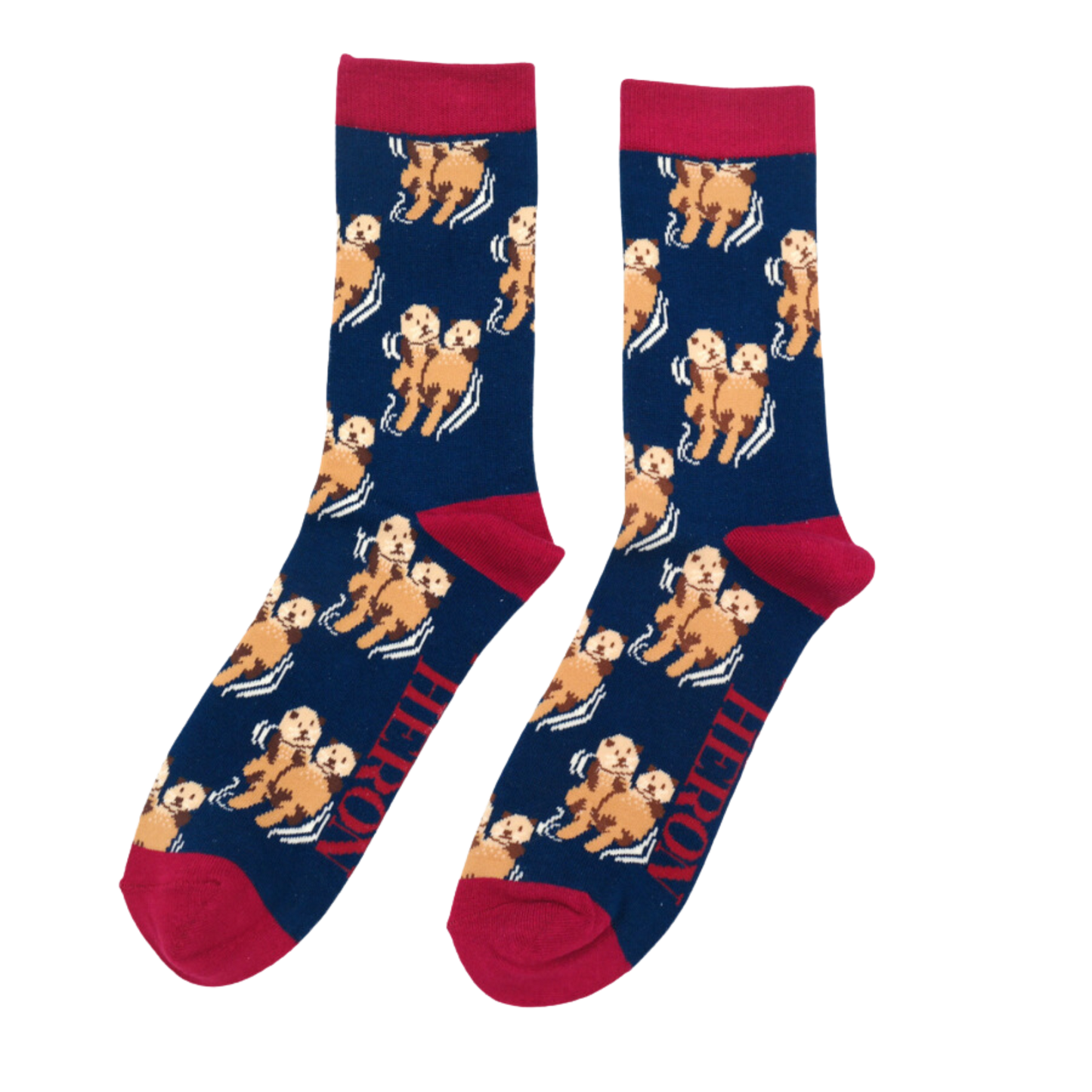 
                  
                    A pair of socks depicting otters holding hands. Blue legs, red heel, toe and cuff.
                  
                