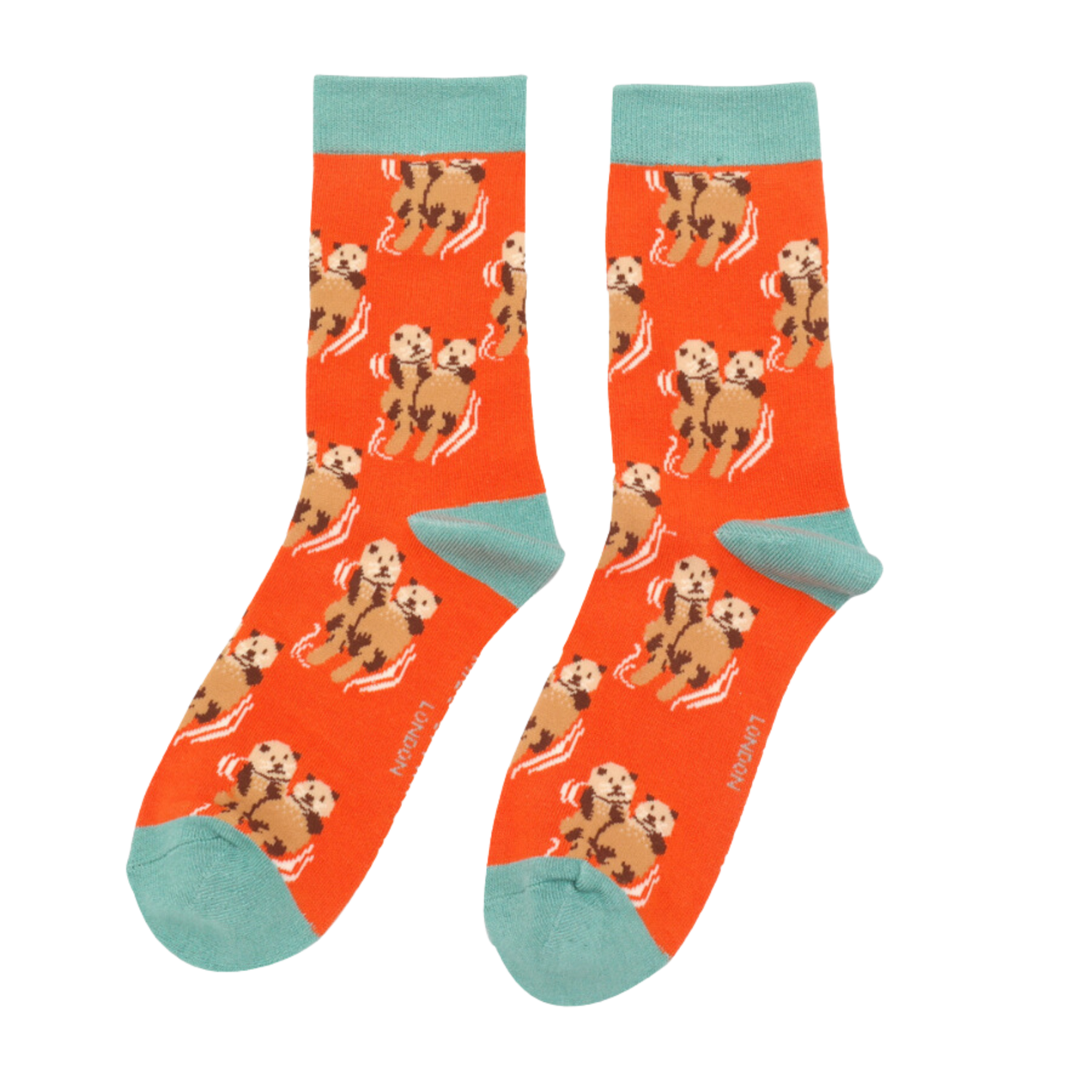 
                  
                    A pair of socks depicting otters holding hands. Orange legs, light blue heel, toe and cuff.
                  
                