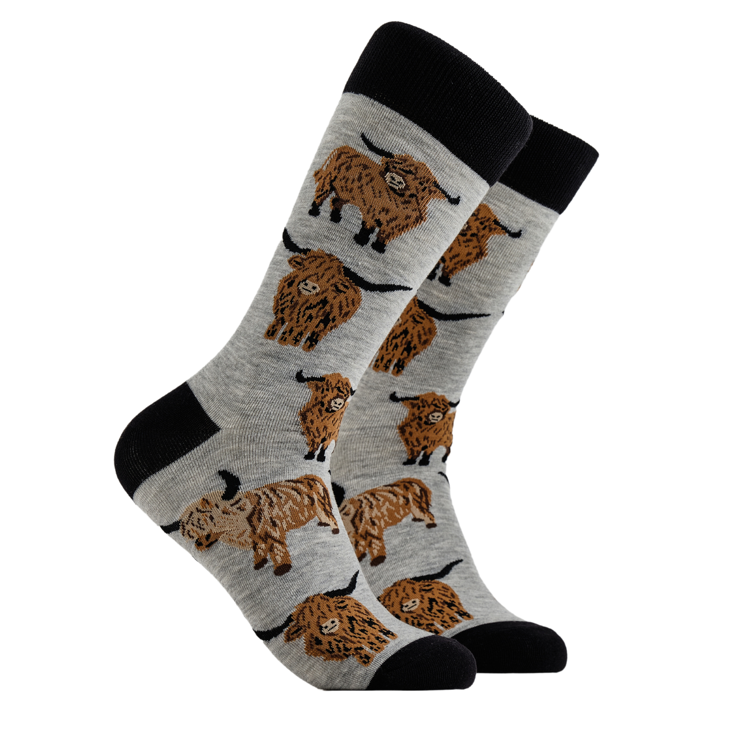 
                  
                    A pair of socks depicting highland cows. Grey legs, black cuff, heel and toe.
                  
                
