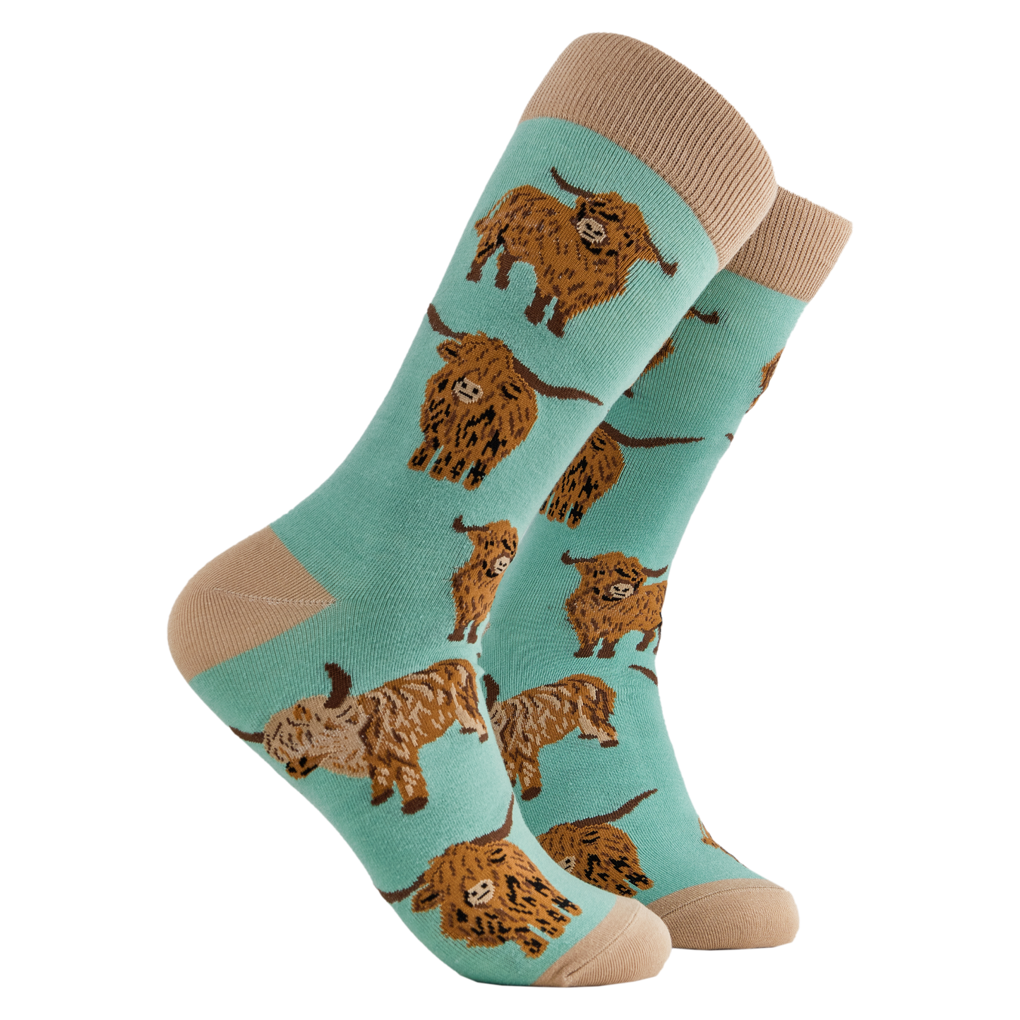 
                  
                    A pair of socks depicting highland cows. Green legs, brown cuff, heel and toe.
                  
                