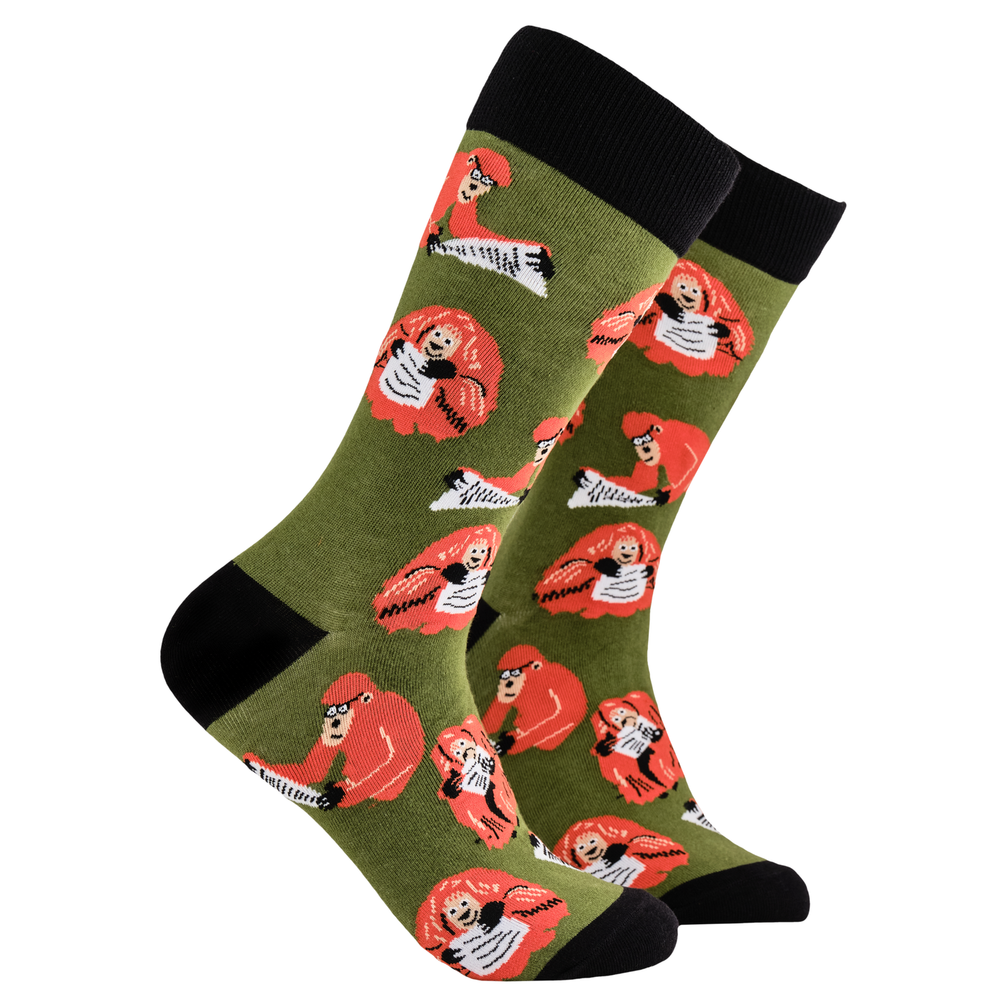 Orangutan IQ Socks. A pair of socks depicting clever Orangutans. Green legs, black cuff, heel and toe.