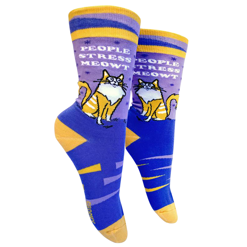 
                  
                    People Stress Meowt Socks. A pair of socks featuring a bold slogan and cat motif with bight blue legs, yellow cuff, heel and tow. 
                  
                