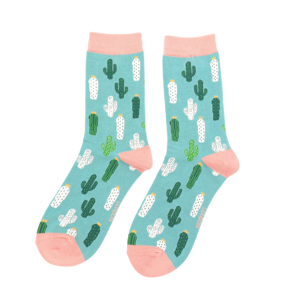 
                  
                    Prickly Pair Bamboo Socks - Miss Sparrow. A pair of Socks with a cactus pattern. Teal legs, pink heel, cuff and toe.  
                  
                