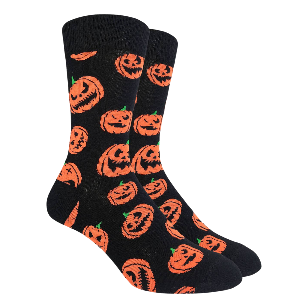 
                  
                    A pair of socks depicting the classic jack-o-lantern.  Black toes, heel and cuffs. 
                  
                