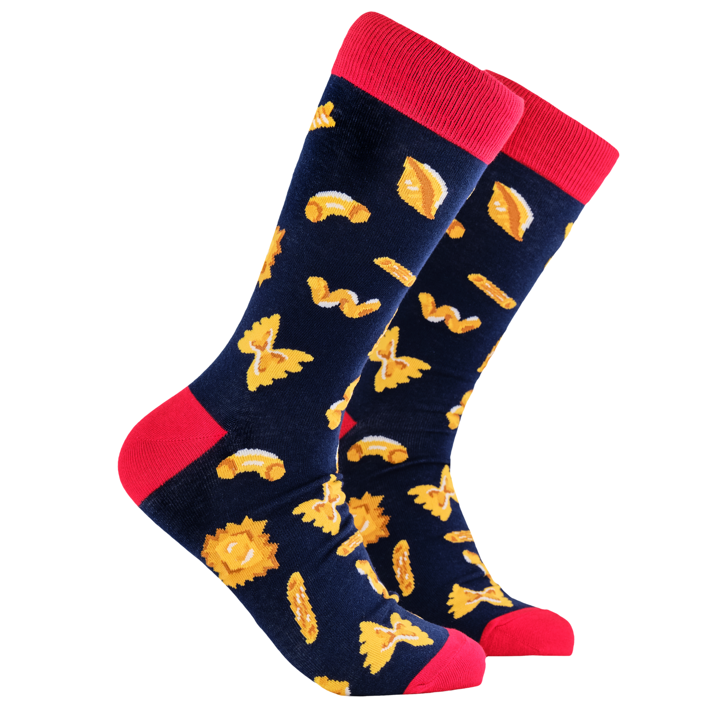 Pasta Lover Socks. A pair of socks depicting different pasta shapes. Dark blue legs, red cuff, heel and toe.