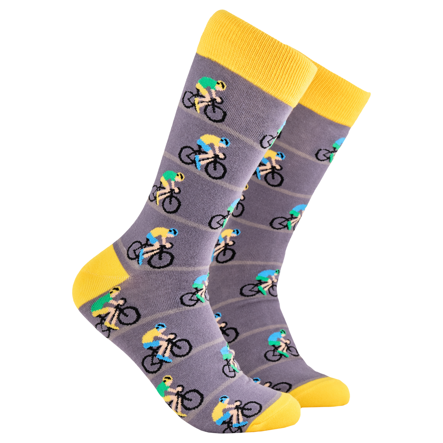 Cycling Socks - Peleton. A pair of socks depicting racing cycles. Grey legs, yellow cuff, heel and toe.