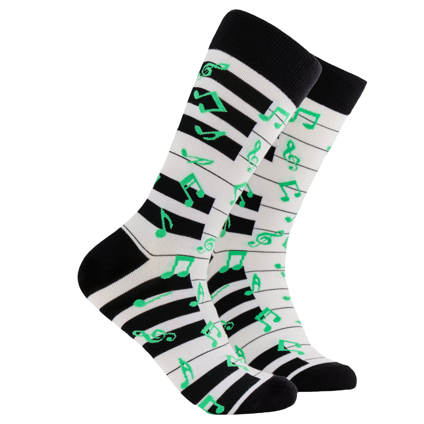 Piano Socks. A pair of socks depicting a piano keyboard and green music notes. Black and white piano legs, black cuff, heel and toe.