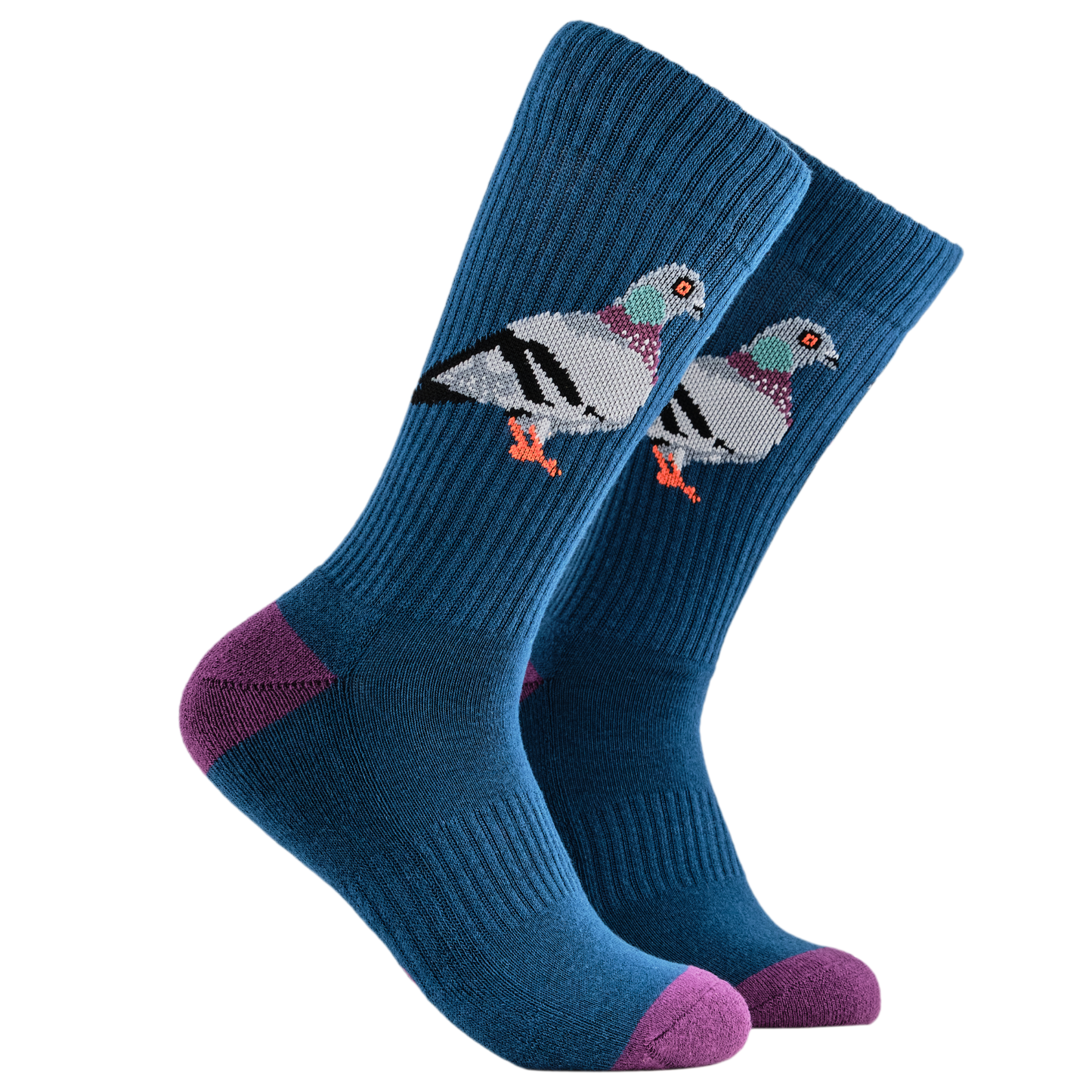 
                  
                    Pigeon Athletic Socks. A pair of socks depicting pigeons. Deep blue legs, blue cuff, purple heel and toe.
                  
                