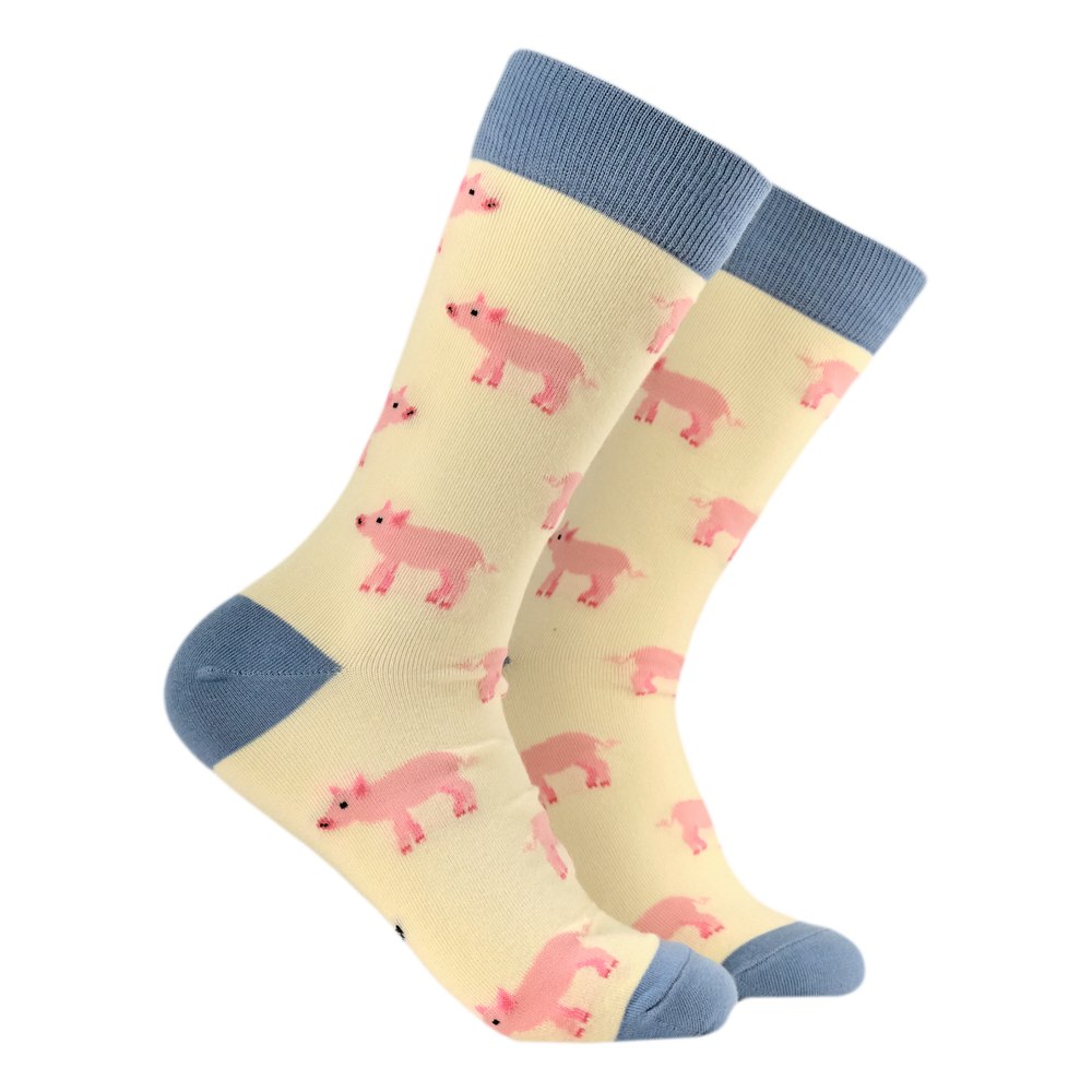 Piglets Bamboo Socks. A pair of socks with a pilet motif. Yellow legs, grey heel, toe and cuff. 