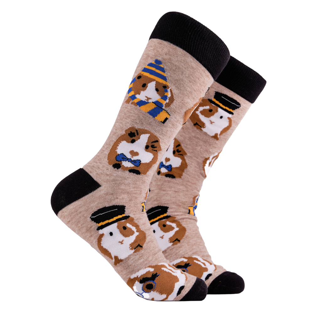 Guinea Pig Socks - Posh Pigs. A pair of socks depicting Guinea Pigs dressed as toffs. Brown legs, black cuff, heel and toe.