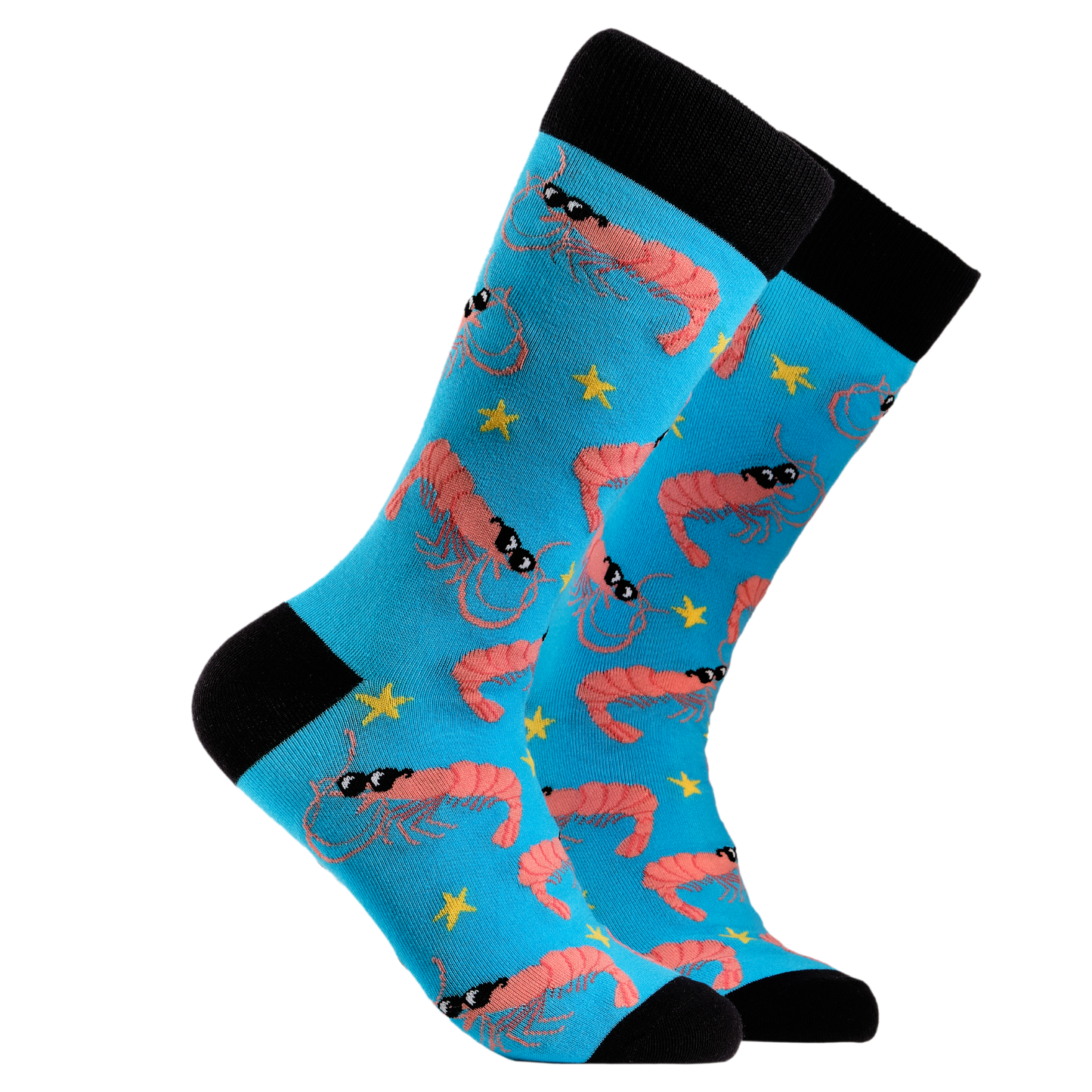 Prawn Socks - Prawnstar. A pair of socks depicting cool prawns in sunglasses. Bright blue legs, black cuff, heel and toe.