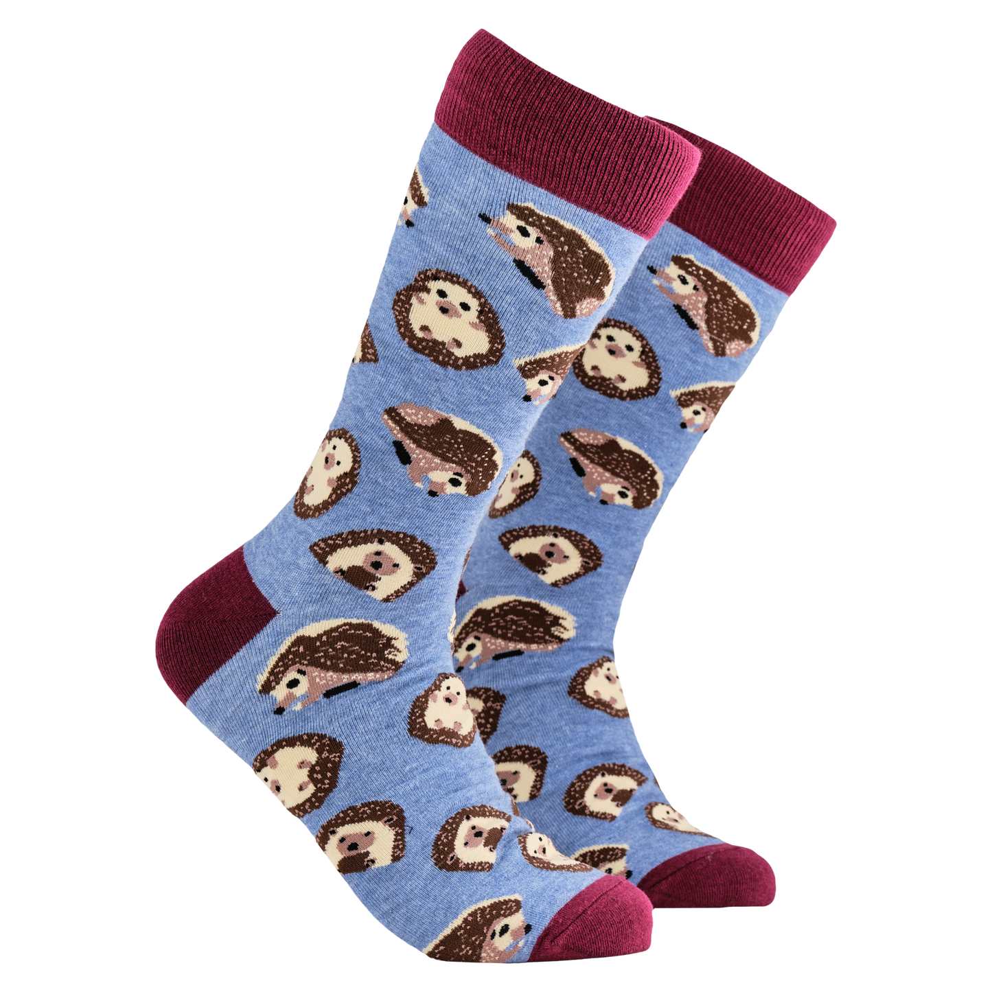 Hedgehog Socks - Prickly. A pair of socks depicting hedgehogs. Blue legs, red cuff, heel and toe.