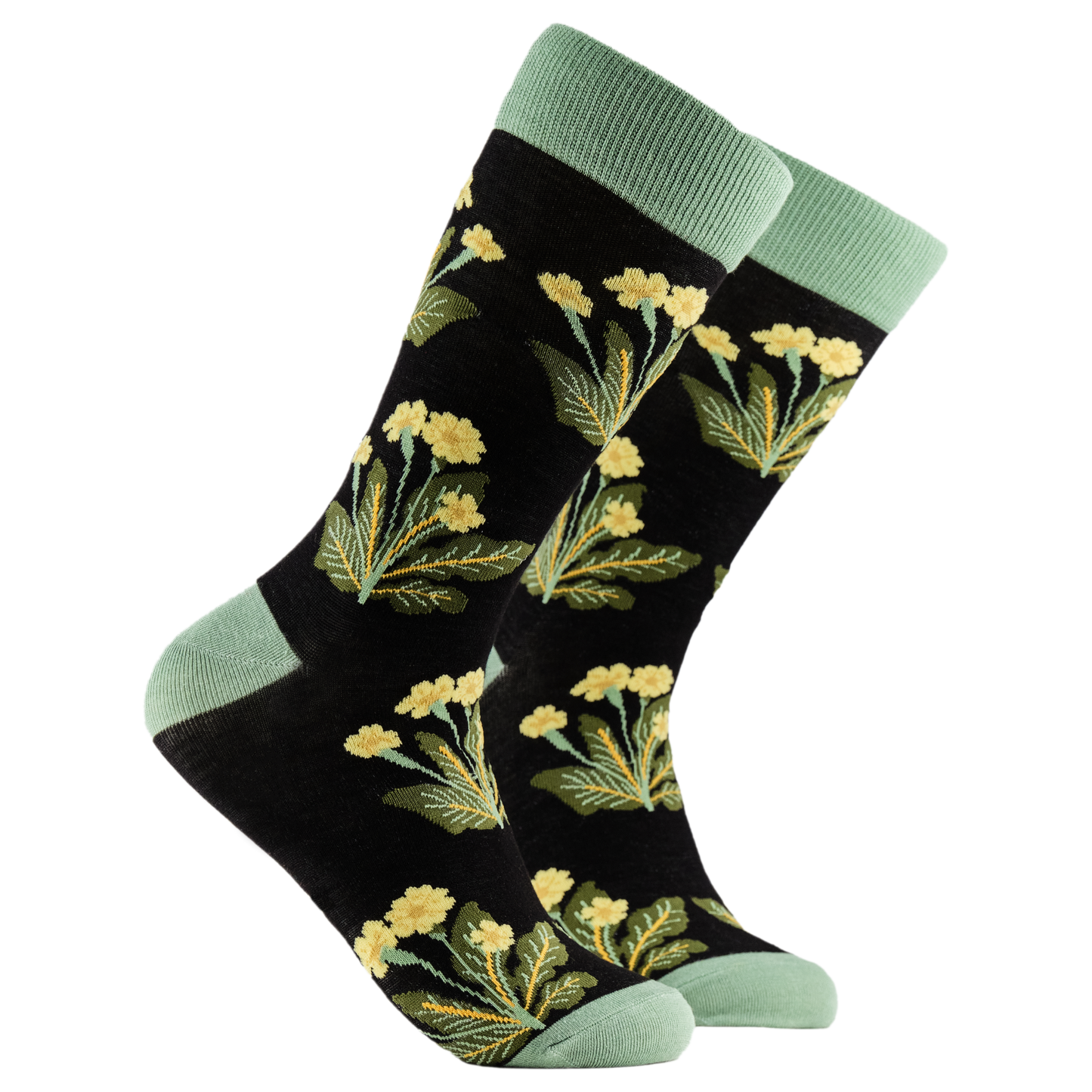 Primroses Floral Bamboo Socks. A pair of socks depicting primroses. Black legs, green cuff, heel and toe.