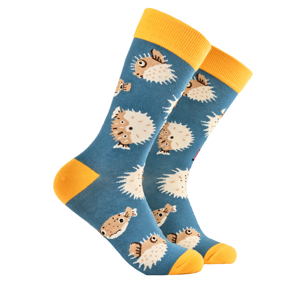 
                      
                        Puffer Fish Socks - Pumped Up. A pair of socks featuring a puffer fish motif. Teal legs, yellow heel, toe and cuff. 
                      
                    