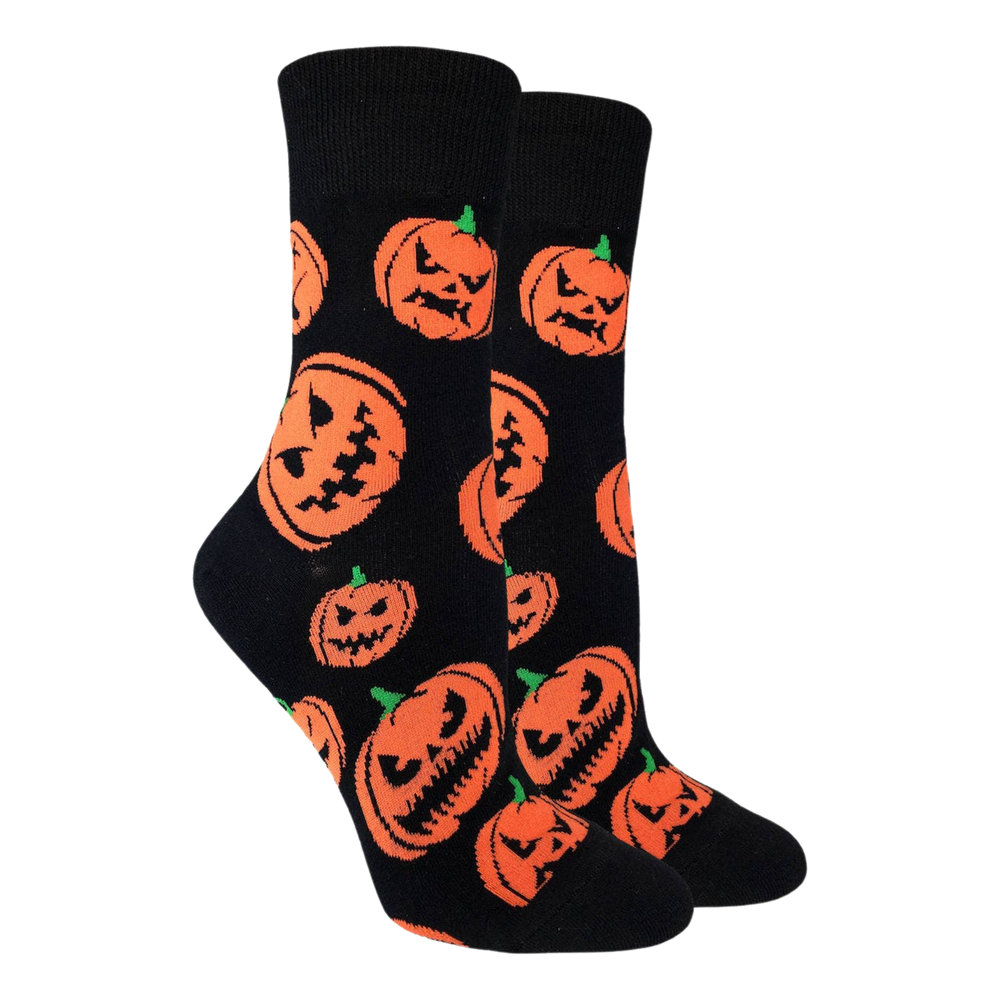 Pumpkin Socks. A pair of socks depicting the classic jack-o-lantern.  Black toes, heel and cuffs. 