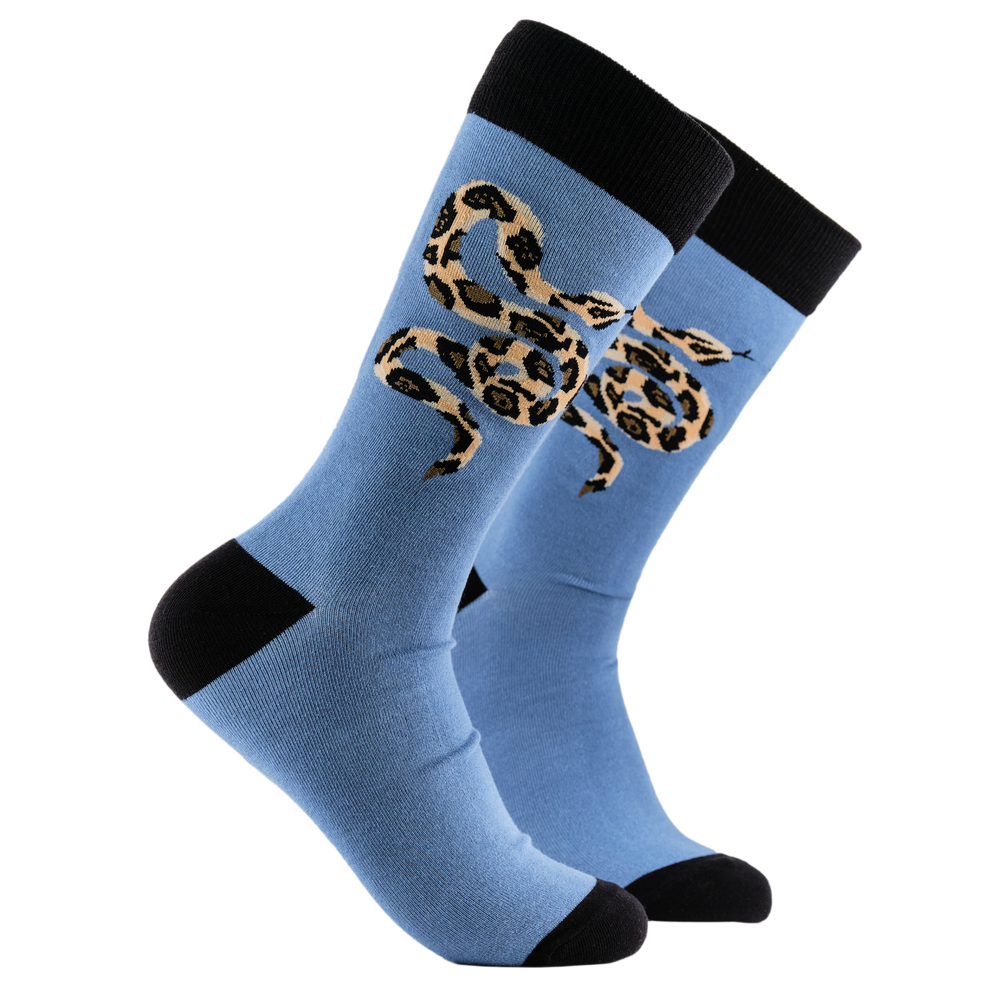 Snake Socks - Pythonssss. A pair of socks depicting a python. Blue legs, black cuff, heel and toe.