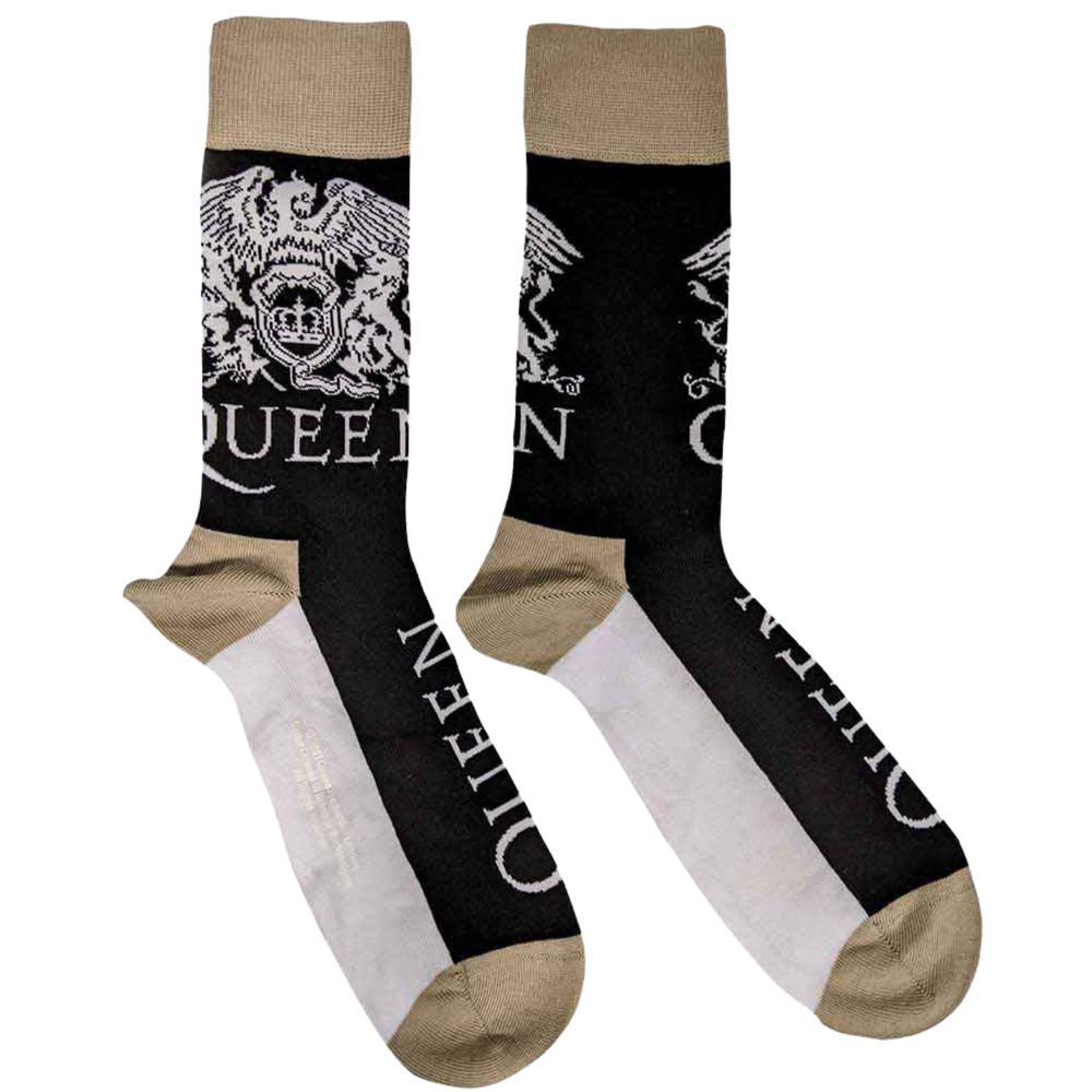 Queen Crests and Logo Socks. A pair of socks with the Queen logo and a gold, white and black pattern. 