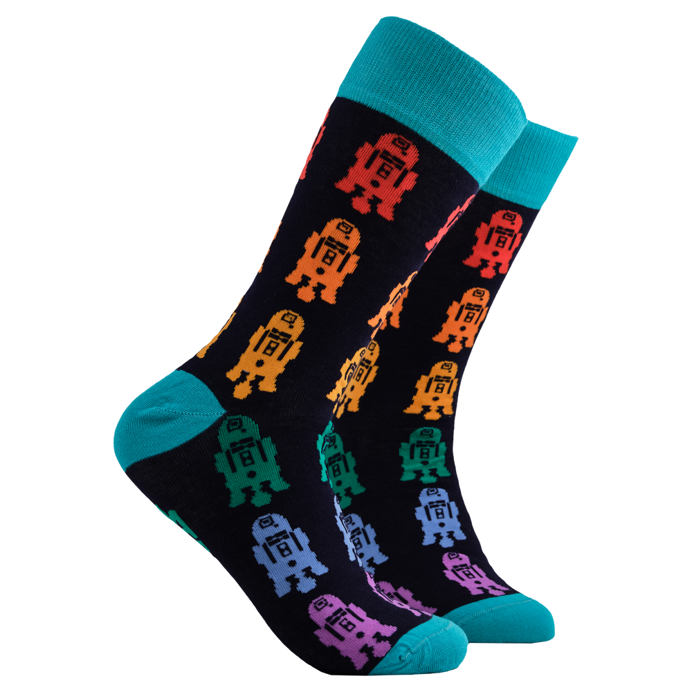 Star Wars Socks - R2-D2 Pride. A pair of socks depicting rainbow R2-D2 who is bursting with pride. Black legs, blue heel, tow and cuff. 