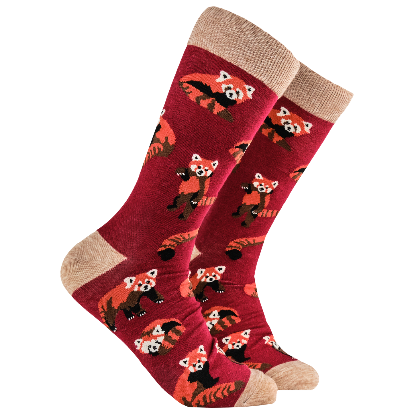 A pair of socks depicting cute little red pandas. Red legs, brown heel, toe and cuff. 