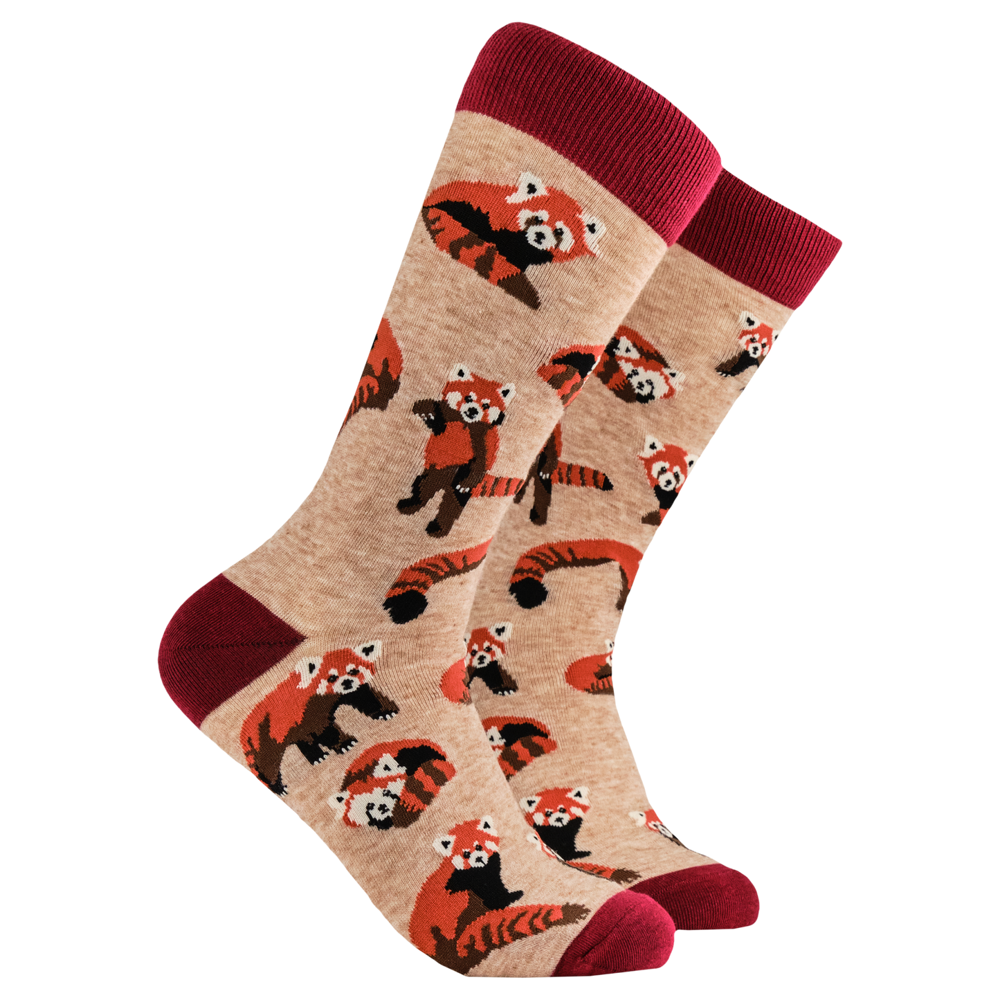 Red Panda Socks. A pair of socks depicting cute little red pandas. Brown legs, red heel, toe and cuff. 